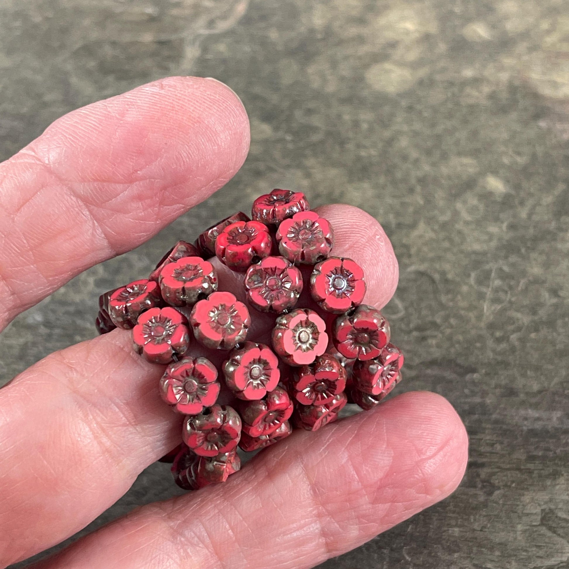 Czech Beads - 7mm Hibiscus Flower, Coral Red with Travertine Picasso (FL7/RJ-1262) * Qty. 12