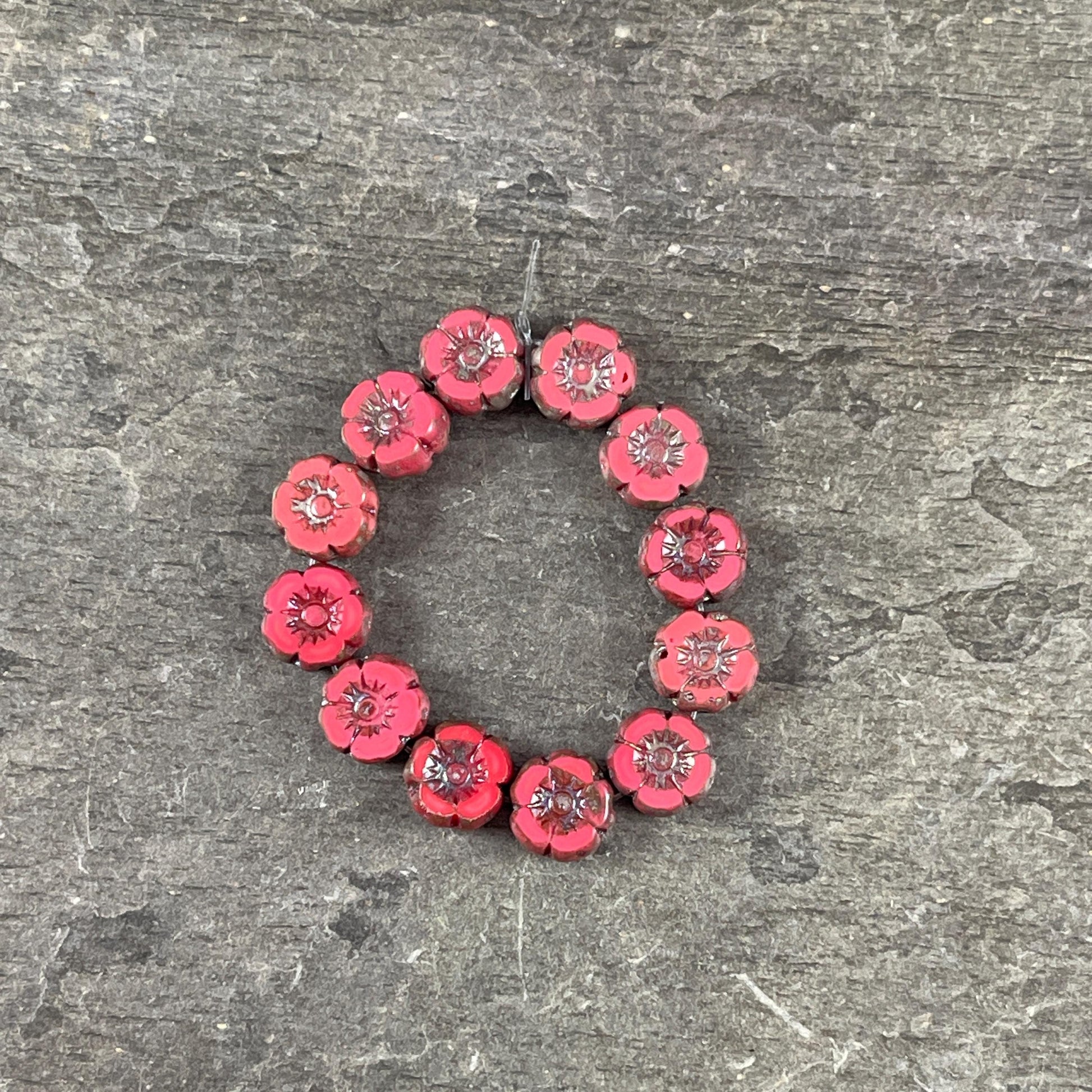 Czech Beads - 7mm Hibiscus Flower, Coral Red with Travertine Picasso (FL7/RJ-1262) * Qty. 12