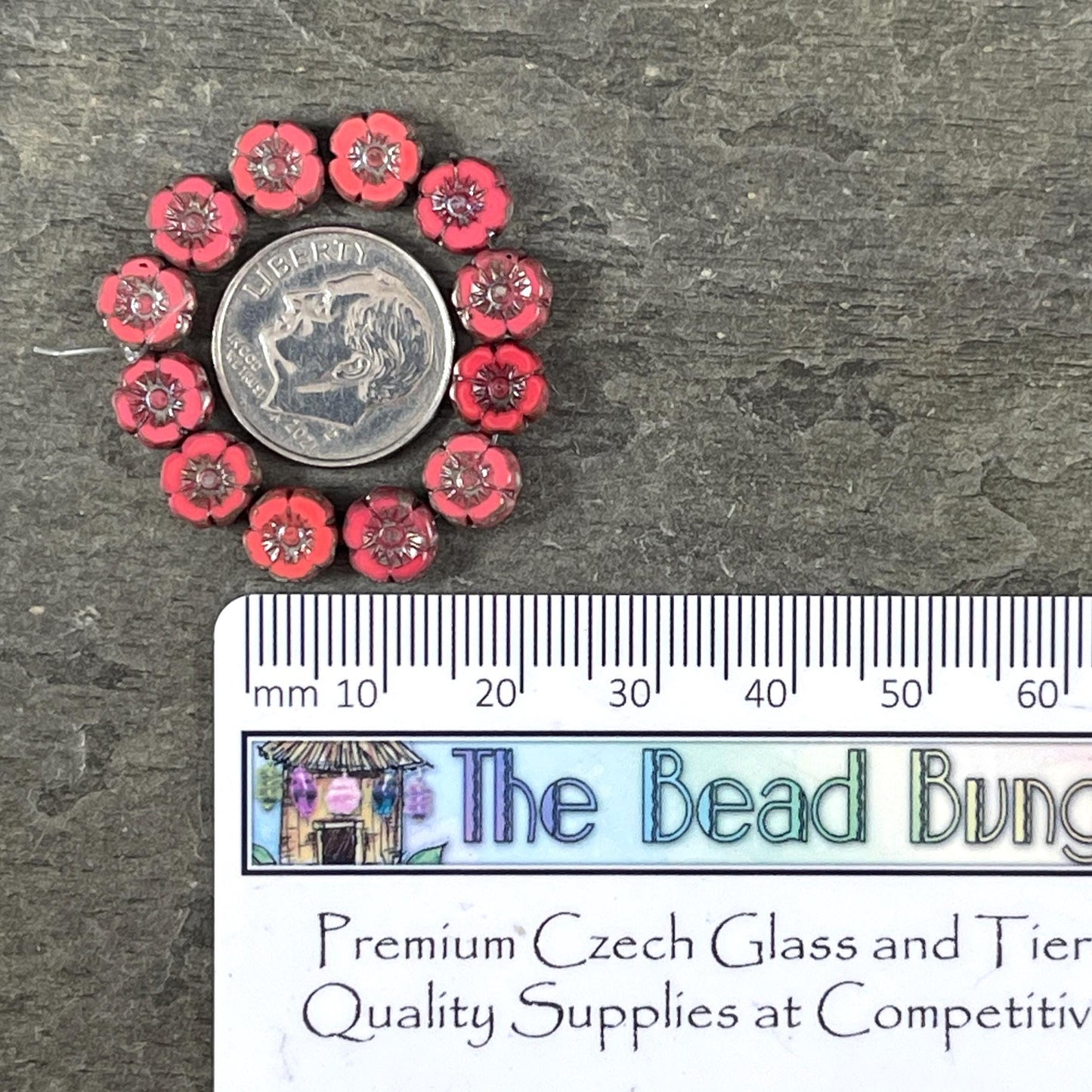 Czech Beads - 7mm Hibiscus Flower, Coral Red with Travertine Picasso (FL7/RJ-1262) * Qty. 12