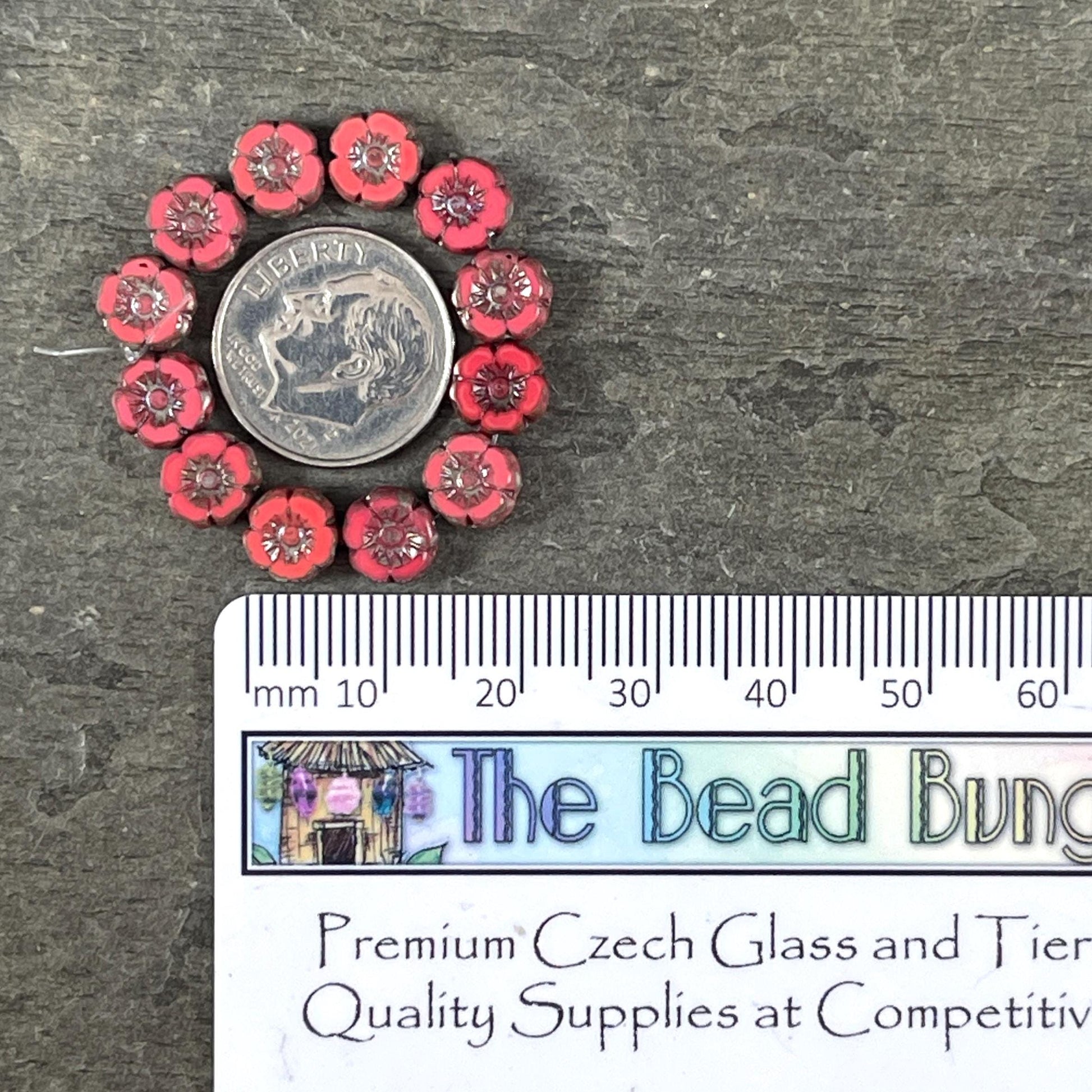 Czech Beads - 7mm Hibiscus Flower, Coral Red with Travertine Picasso (FL7/RJ-1262) * Qty. 12
