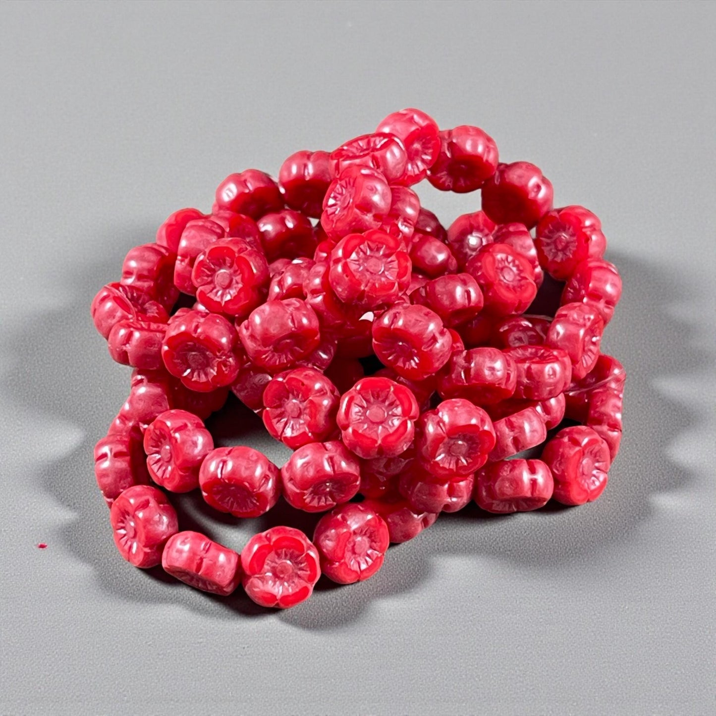 Czech Beads - 7mm Hibiscus Flower, Coral Red with Pink Luster (FL7/RJ-1271) * Qty. 12