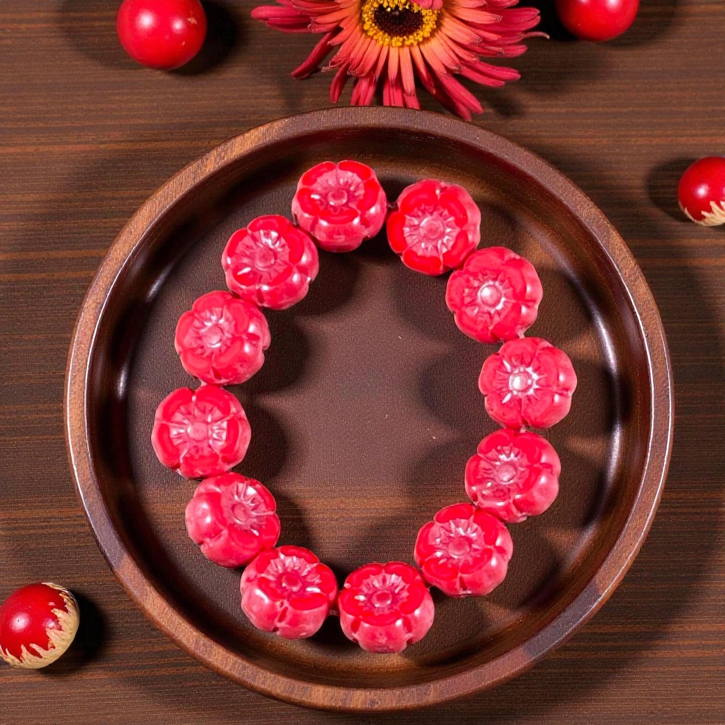 Czech Beads - 7mm Hibiscus Flower, Coral Red with Pink Luster (FL7/RJ-1271) * Qty. 12