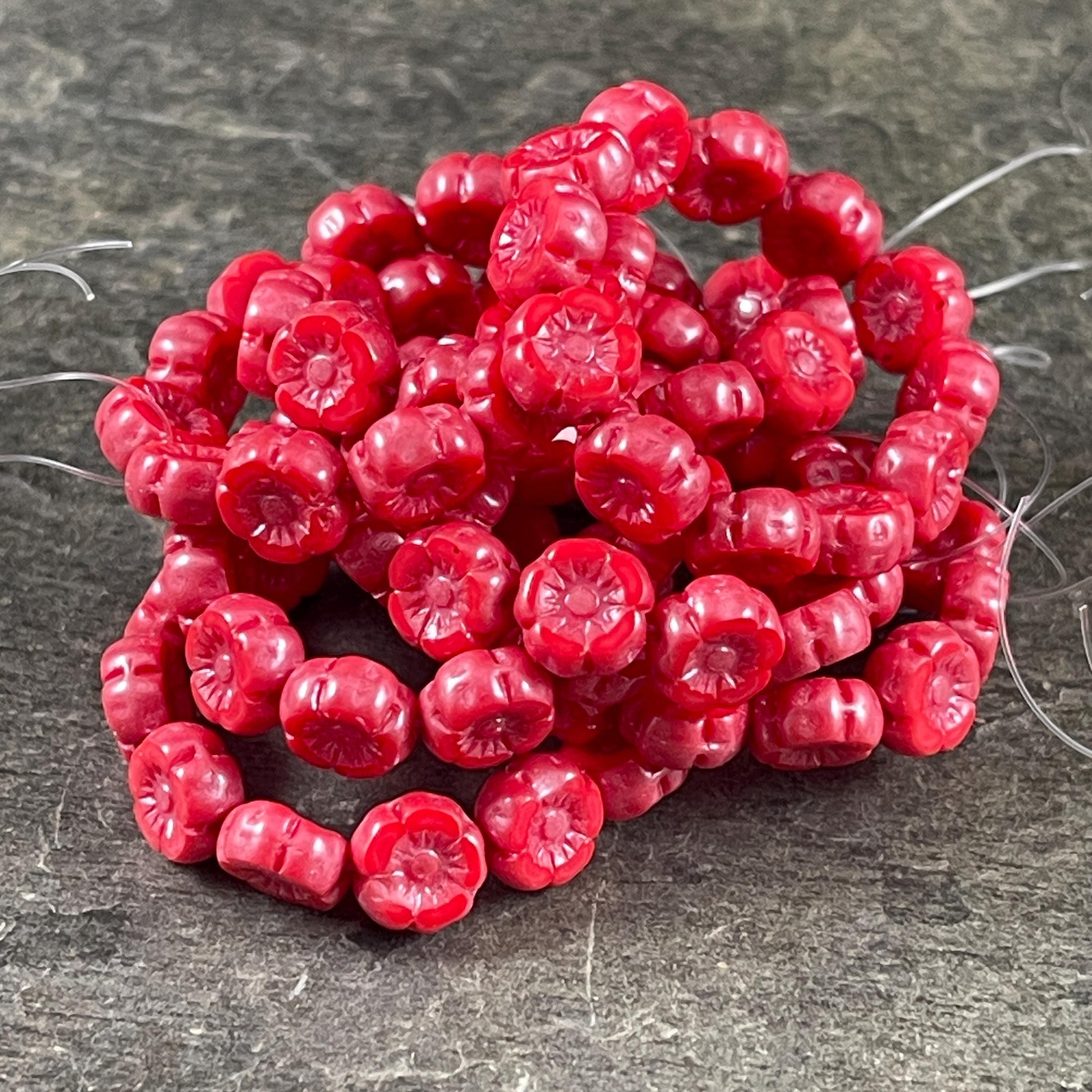 Czech Beads - 7mm Hibiscus Flower, Coral Red with Pink Luster (FL7/RJ-1271) * Qty. 12