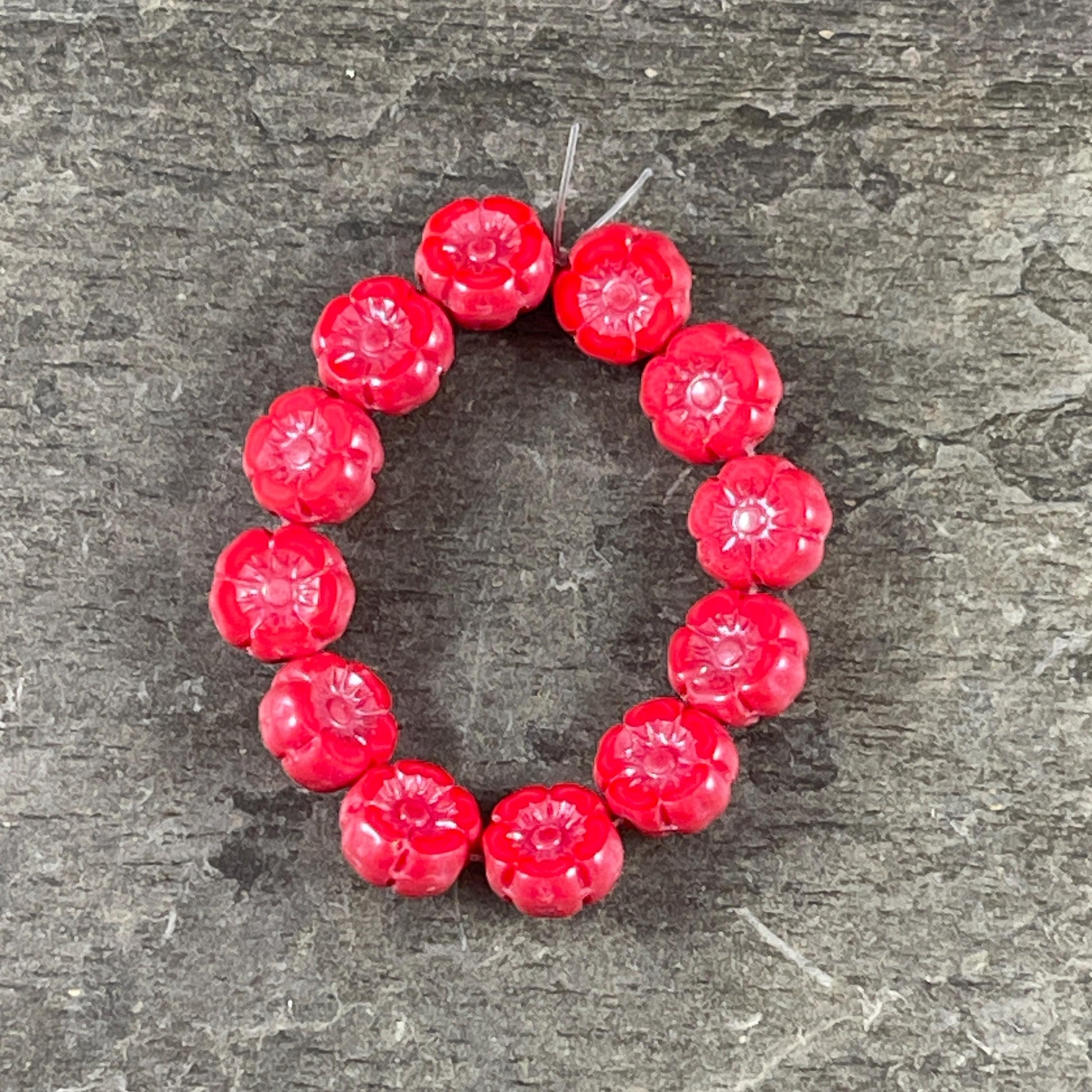 Czech Beads - 7mm Hibiscus Flower, Coral Red with Pink Luster (FL7/RJ-1271) * Qty. 12