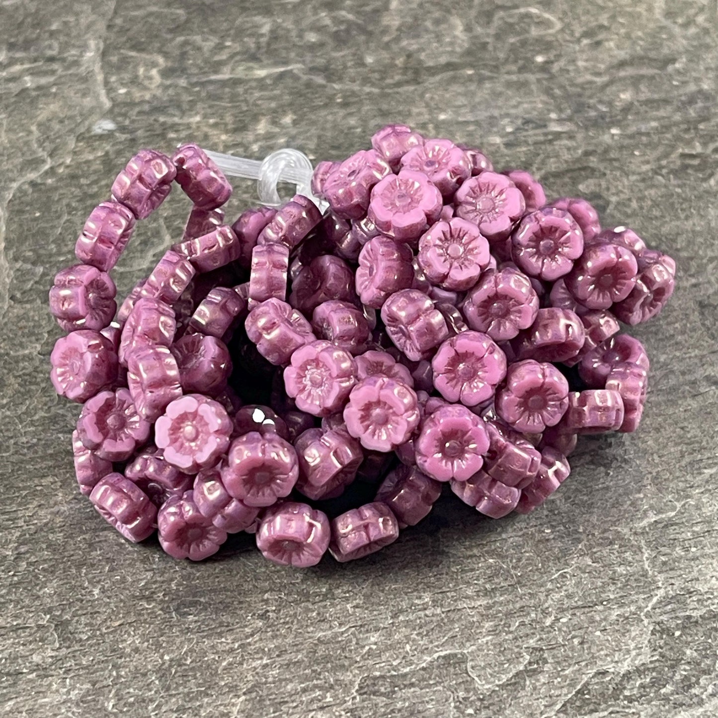 Czech Beads - 7mm Hibiscus Flower, Mauve Pink with Bronze Picasso (FL7/RJ-1267) * Qty. 12