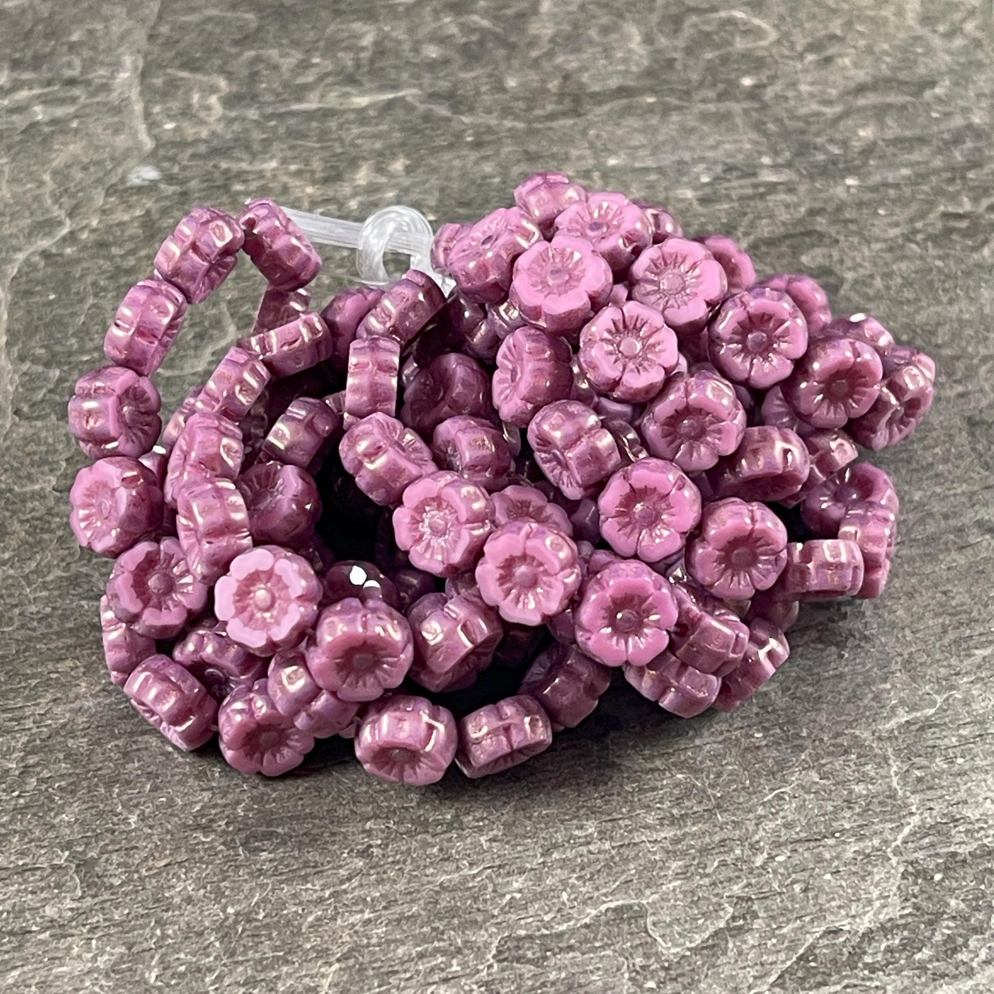 Czech Beads - 7mm Hibiscus Flower, Mauve Pink with Bronze Picasso (FL7/RJ-1267) * Qty. 12