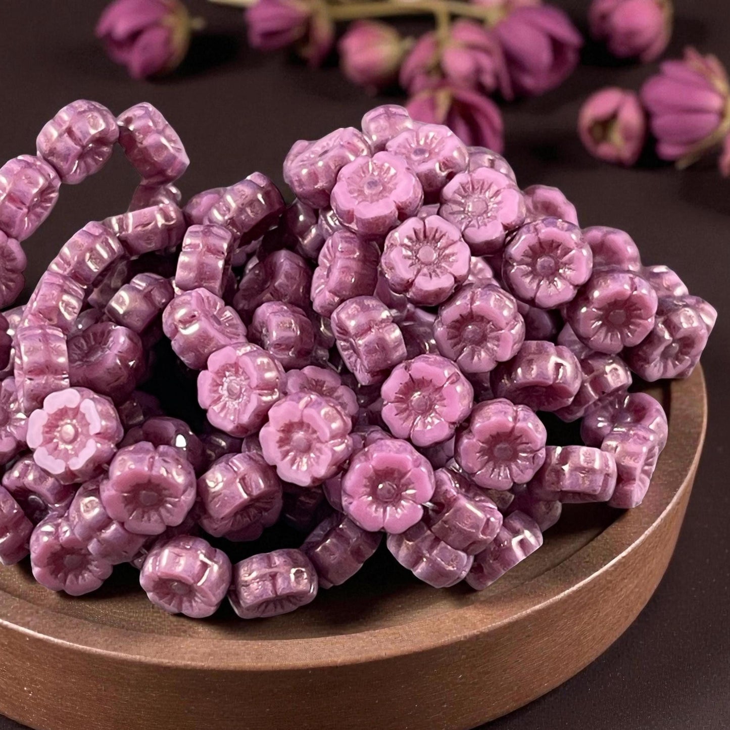 Czech Beads - 7mm Hibiscus Flower, Mauve Pink with Bronze Picasso (FL7/RJ-1267) * Qty. 12
