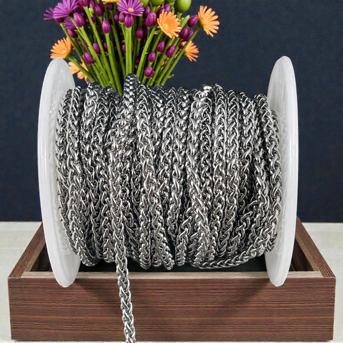 Chain by the Foot - 3mm Spiga Wheat Chain - Stainless Steel, Platinum Color (SS02S) * 1 Yard/36" length