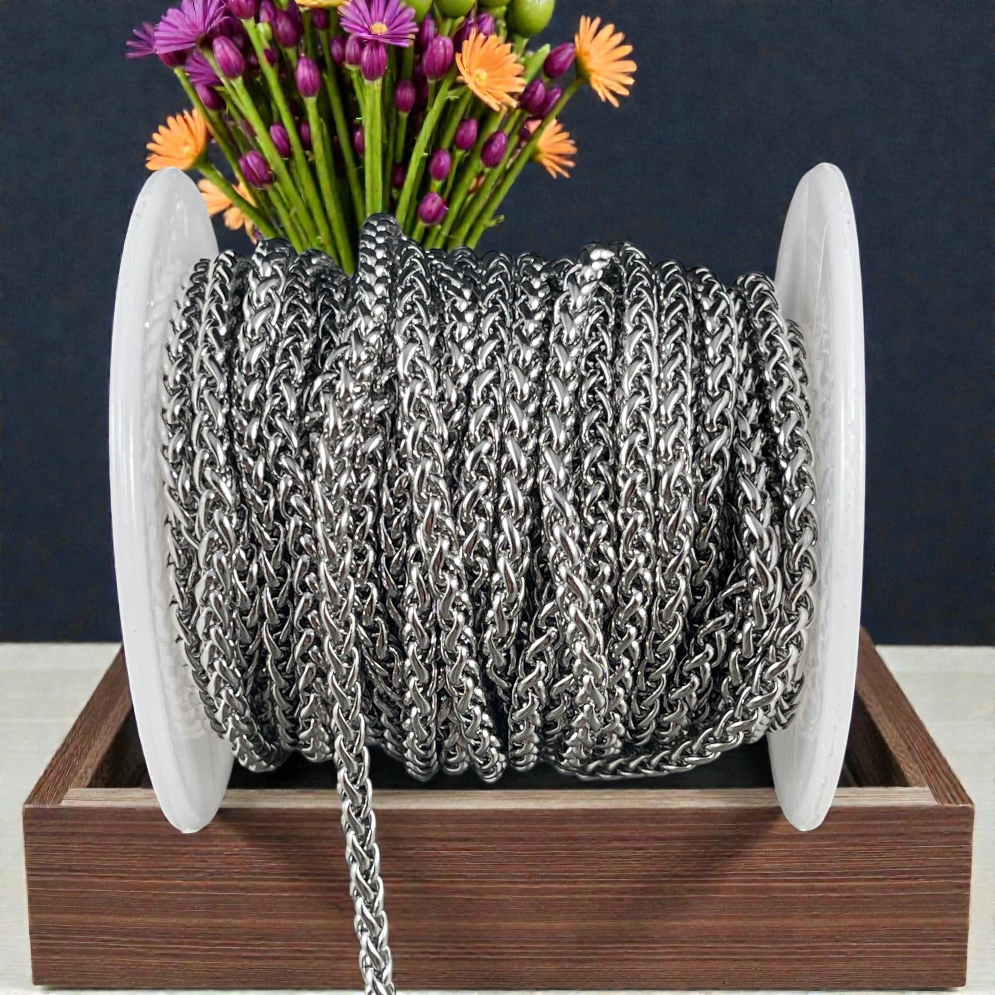 Chain by the Foot - 3mm Spiga Wheat Chain - Stainless Steel, Platinum Color (SS02S) * 1 Yard/36" length