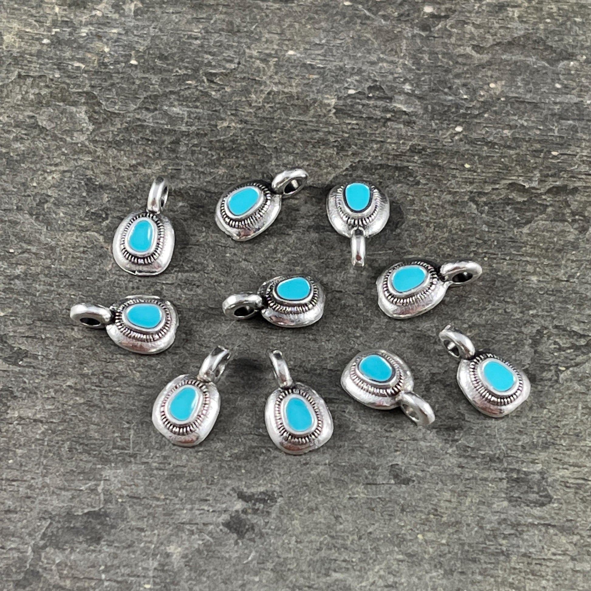 Round Mini Silver Charm with Turquoise Blue Enamel Inlay (PF/13884-72-0299) * Qty. 12