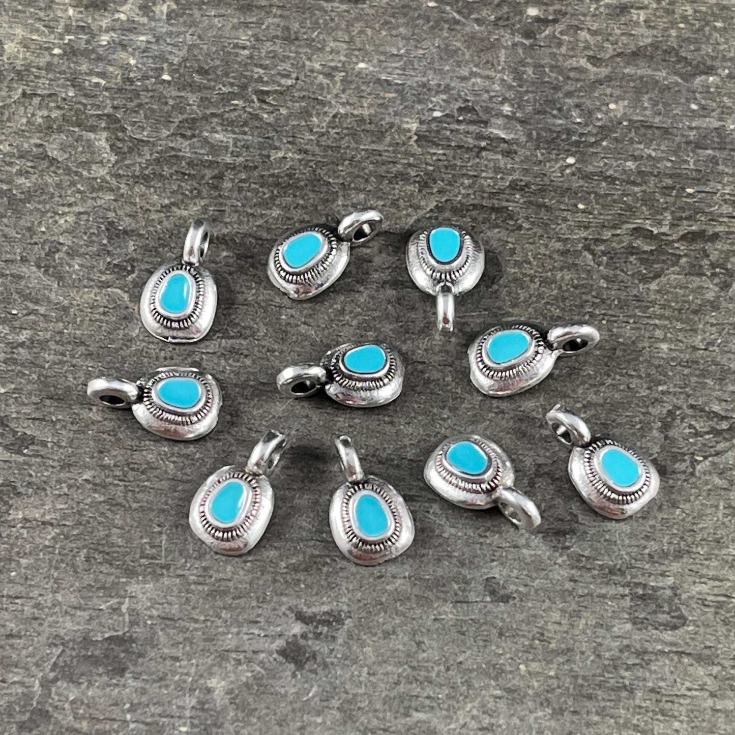 Small Round Charm, Antiqued Silver with Turquoise Blue Enamel (PF/13884-72-0299) * Qty. 12