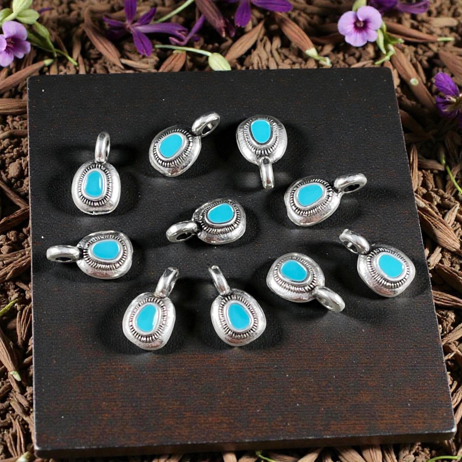 Round Mini Silver Charm with Turquoise Blue Enamel Inlay (PF/13884-72-0299) * Qty. 12