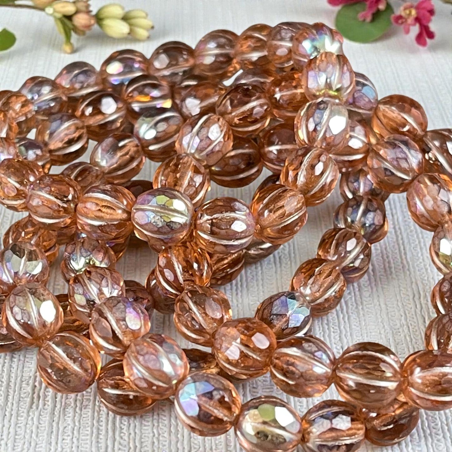 Czech Glass - 8mm Faceted Melon, Transparent Peach with AB (8FM/N-1777) * 20 Beads
