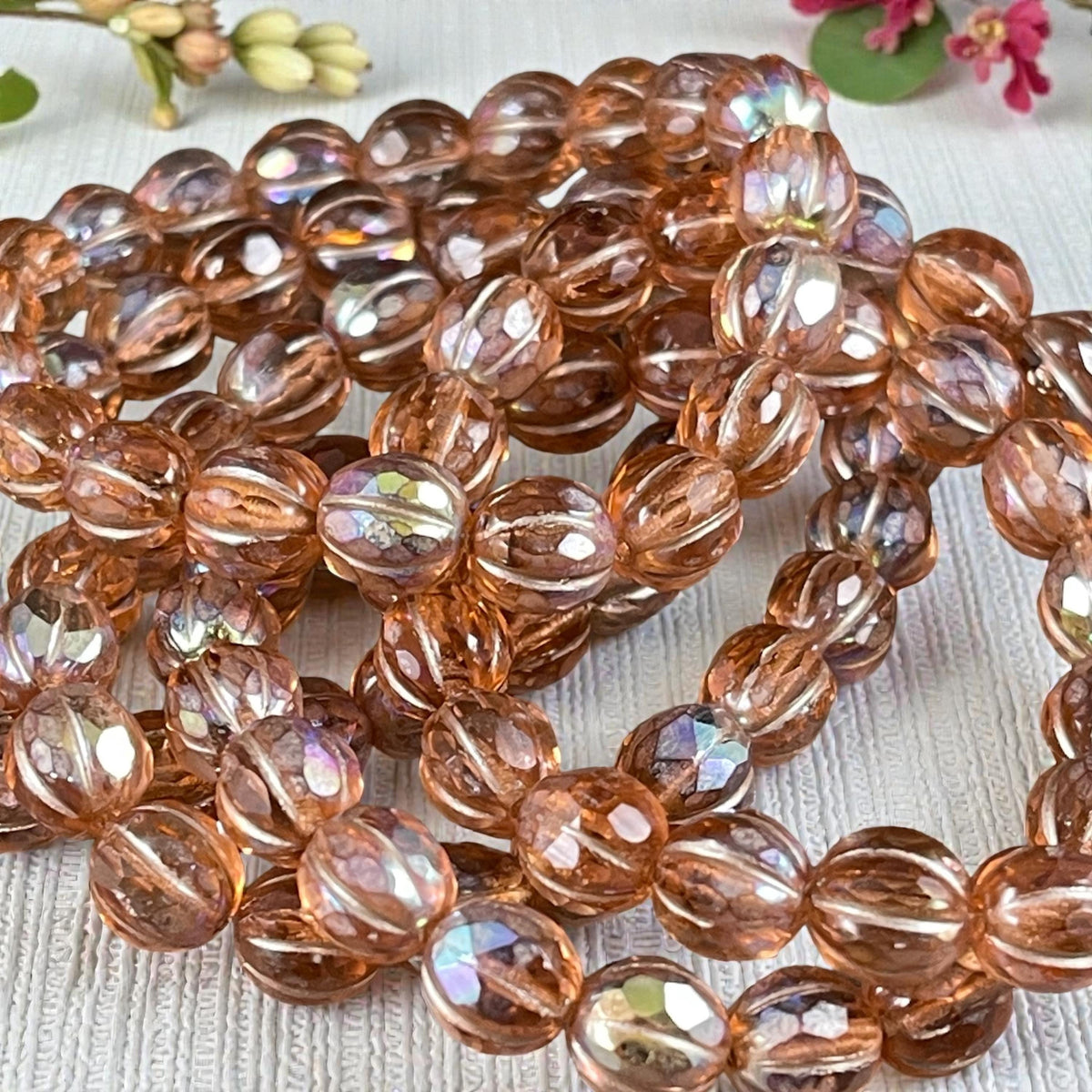 Czech Glass - 8mm Faceted Melon, Transparent Peach with AB (8FM/N-1777) * 20 Beads