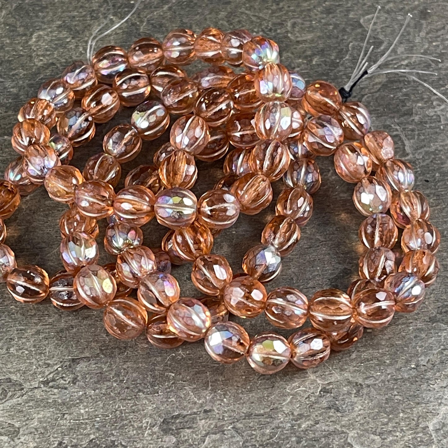 Czech Glass - 8mm Faceted Melon, Transparent Peach with AB (8FM/N-1777) * 20 Beads