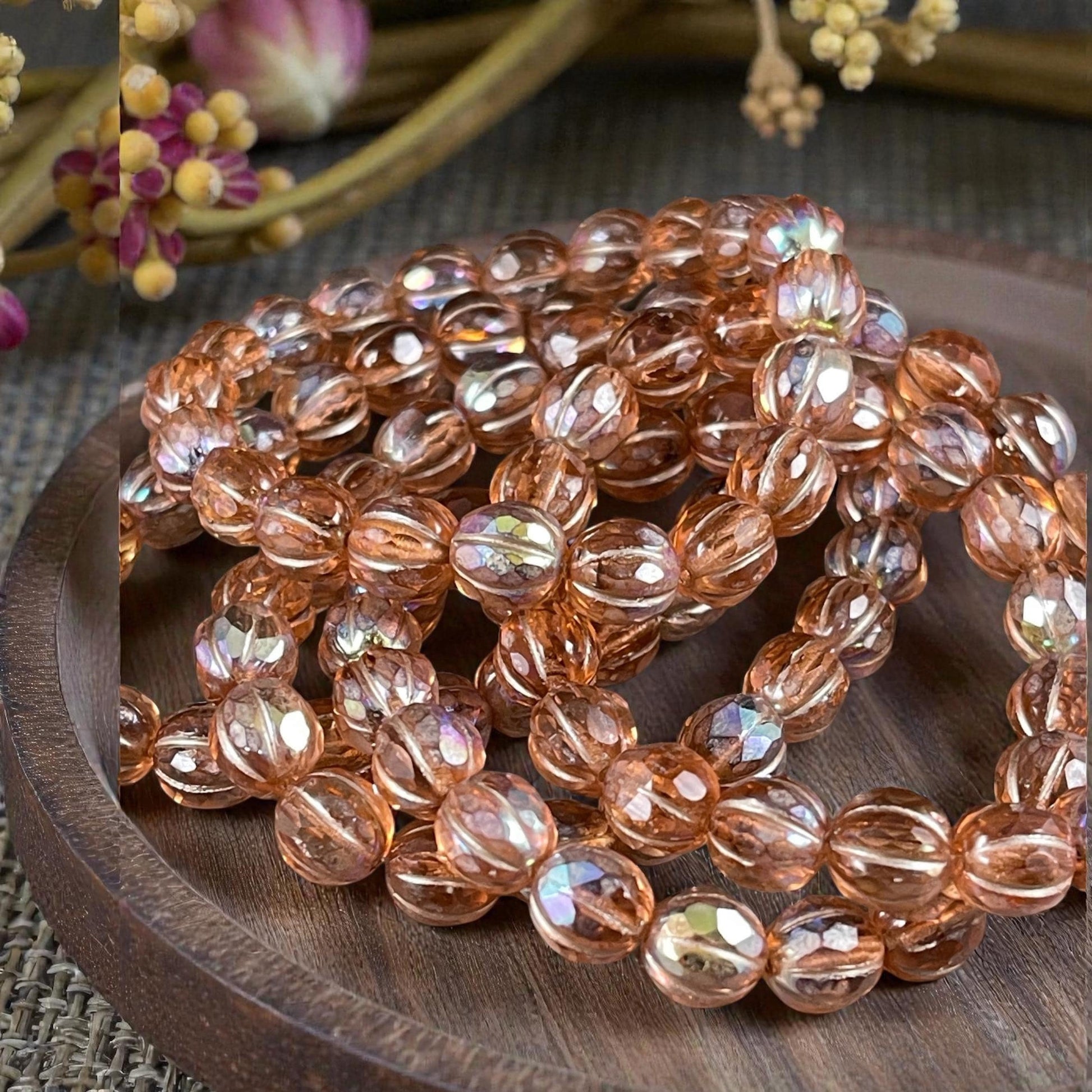 Czech Glass - 8mm Faceted Melon, Transparent Peach with AB (8FM/N-1777) * 20 Beads
