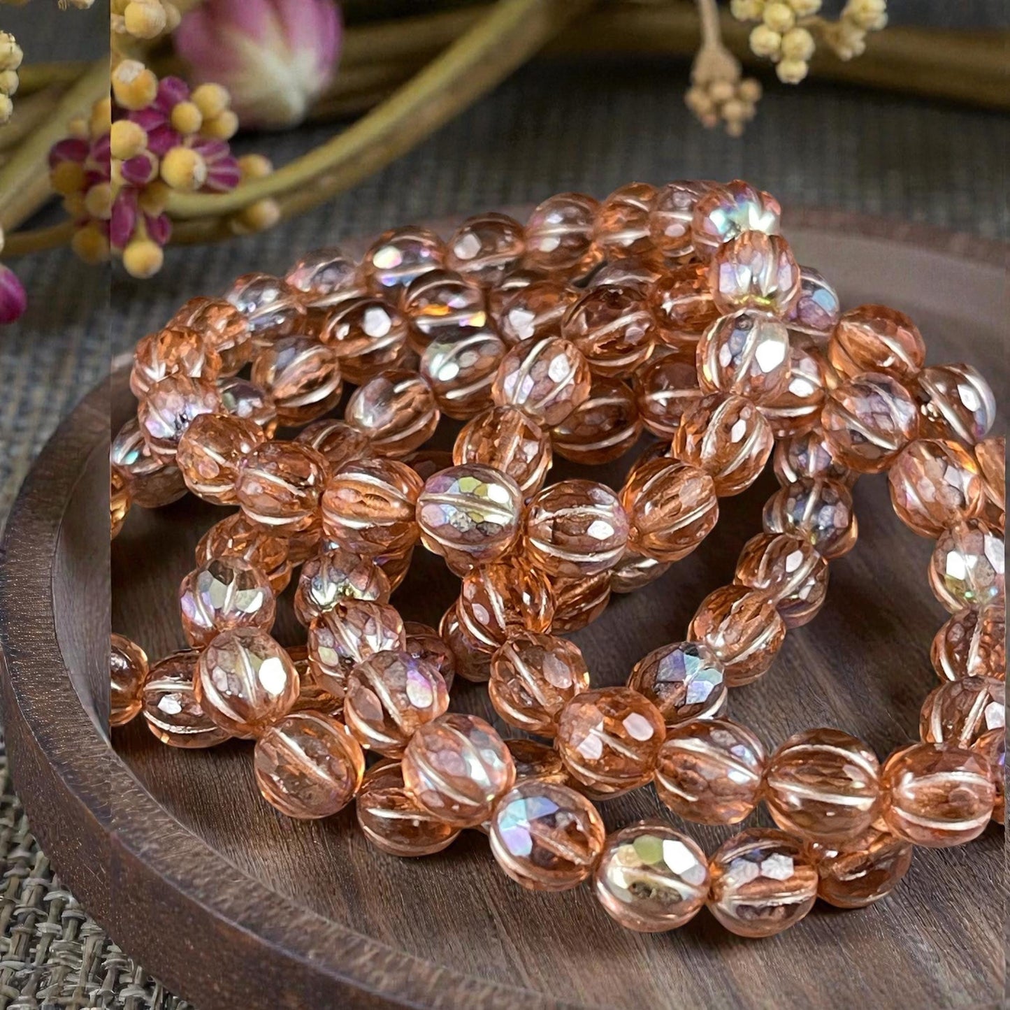 Czech Glass - 8mm Faceted Melon, Transparent Peach with AB (8FM/N-1777) * 20 Beads