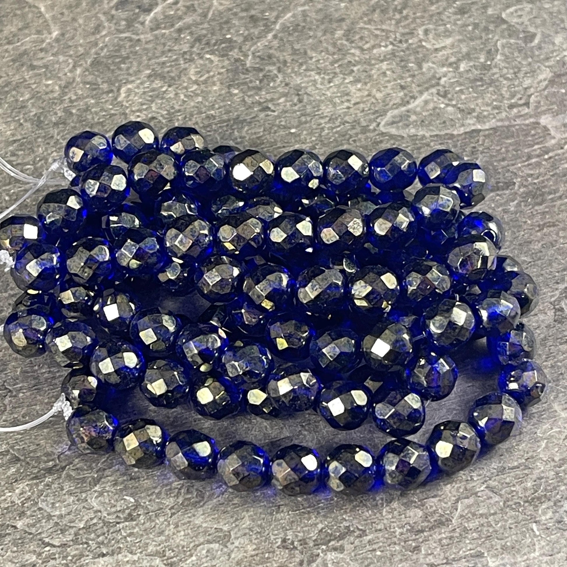 Czech Glass - 8mm Faceted Round, Sapphire with Golden Luster Finish (FP8/N-025) * 20 Beads