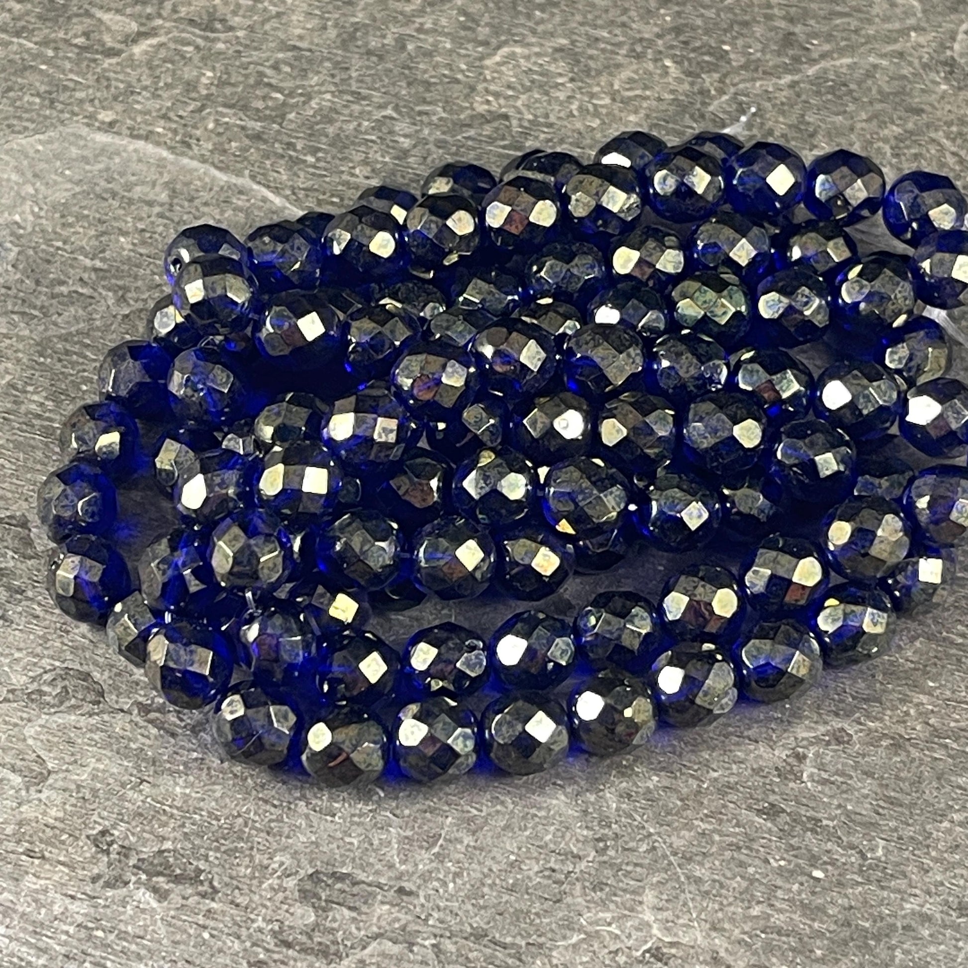 Czech Glass - 8mm Faceted Round, Sapphire with Golden Luster Finish (FP8/N-025) * 20 Beads