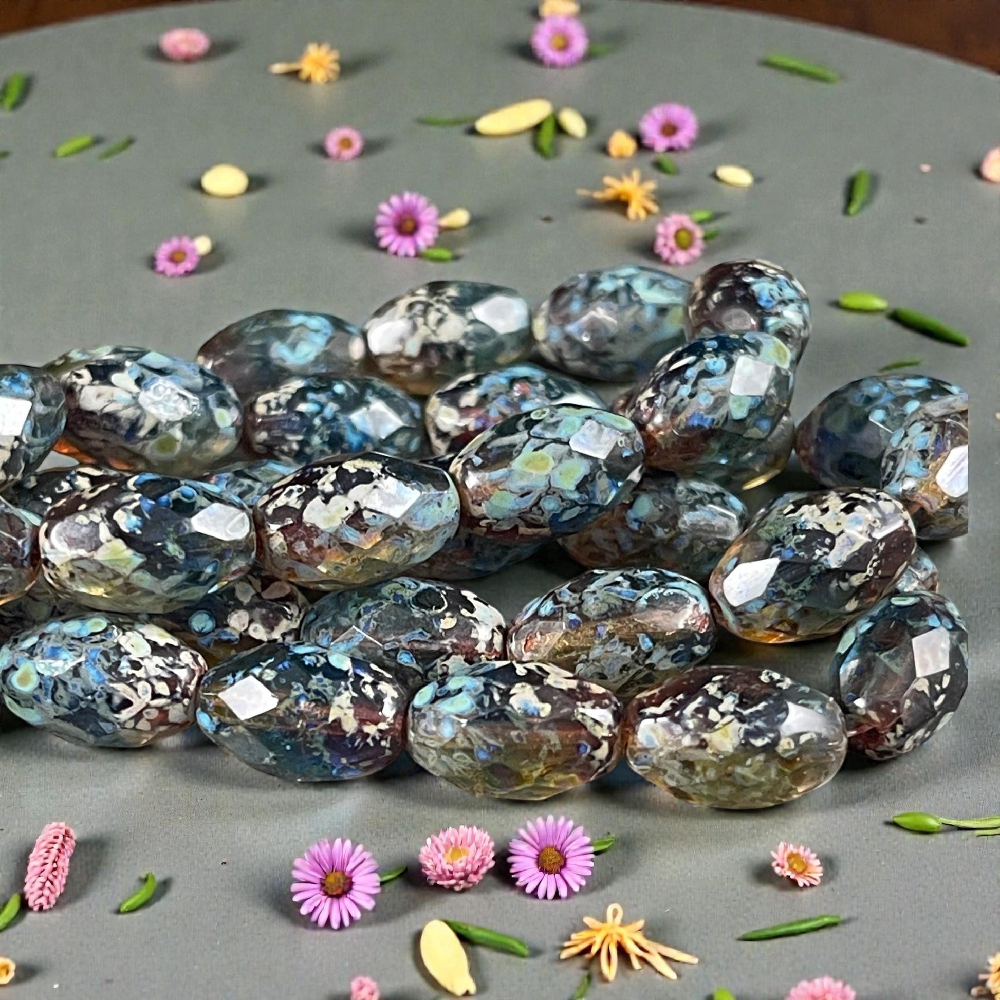 Czech Beads - 12x8mm Faceted Oval, Blue, Green and Topaz Picasso Beads (FOV/N-0508) * Qty. 12