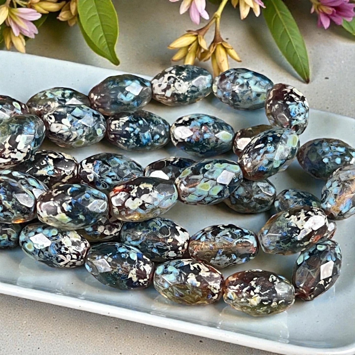 Czech Beads - 12x8mm Faceted Oval, Blue, Green and Topaz Picasso Beads (FOV/N-0508) * Qty. 12