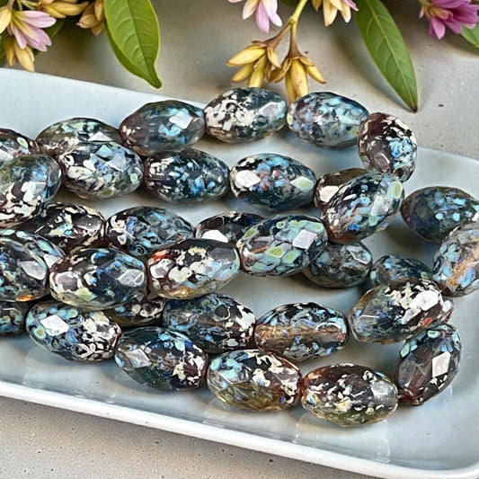 Czech Beads - 12x8mm Faceted Oval, Blue, Green and Topaz Picasso Beads (FOV/N-0508) * Qty. 12
