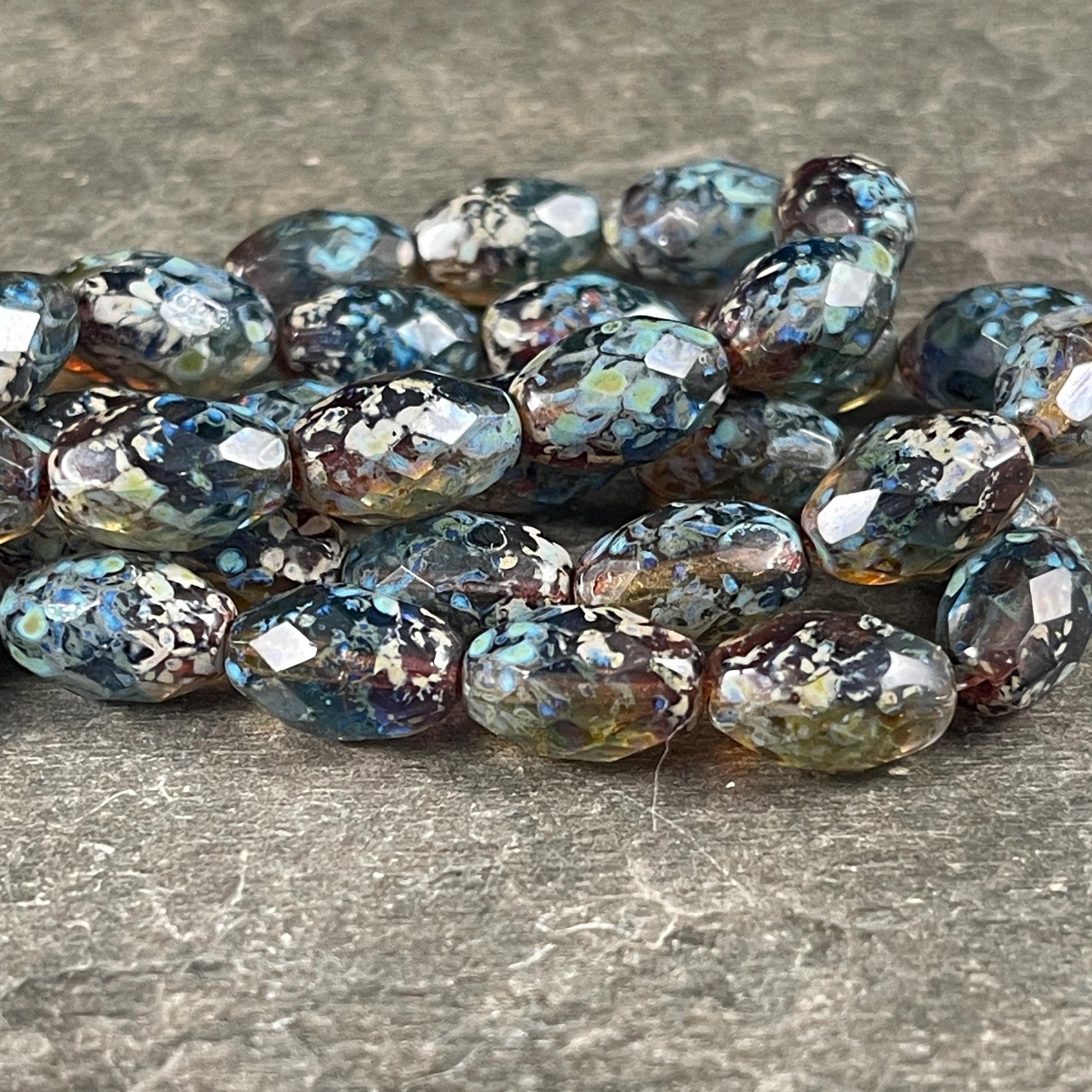 Czech Beads - 12x8mm Faceted Oval, Blue, Green and Topaz Picasso Beads (FOV/N-0508) * Qty. 12