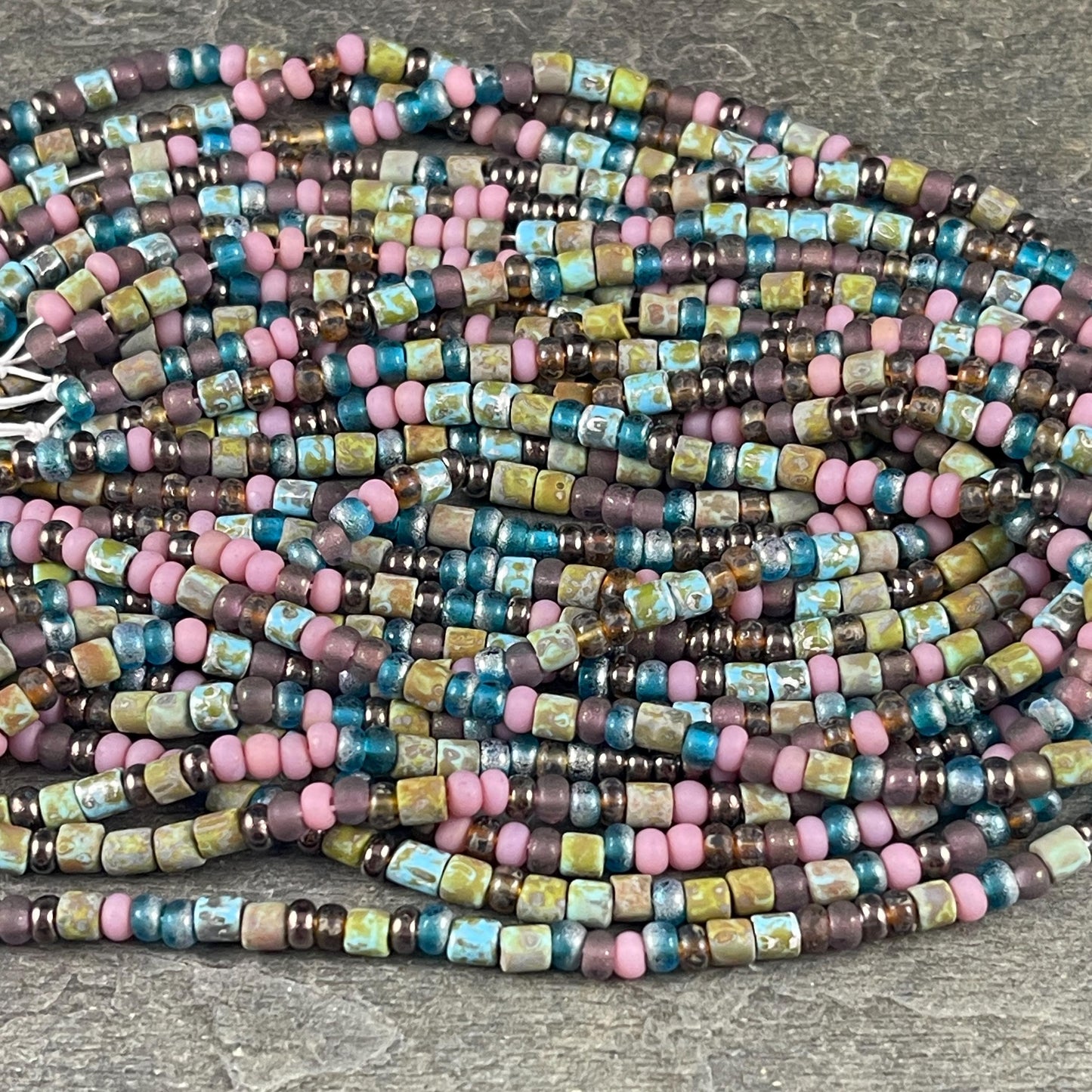 Aged Picasso Seed Beads - 6/0 Mix with Tubes, 4mm Turquoise, Pink and Purple (6/0-Frivoli-Matte) * 19" strand