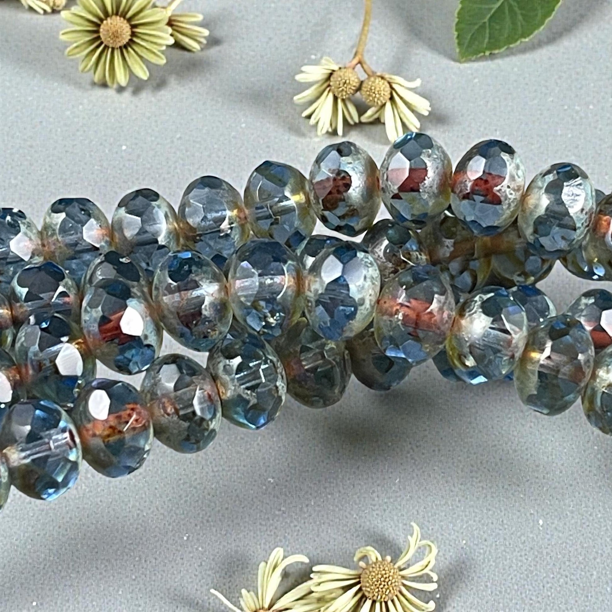 Czech Beads - 8x6mm Faceted Rondelle, Carolina Blue Picasso (R8/OB-108) * 17 Beads