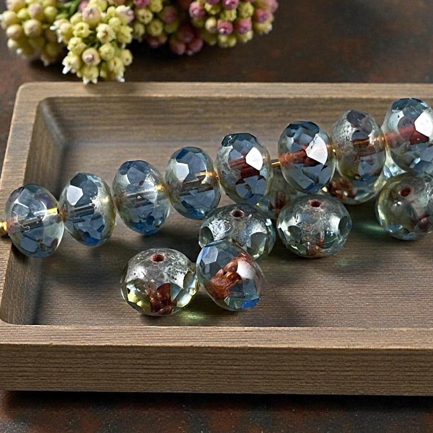 Czech Beads - 8x6mm Faceted Rondelle, Carolina Blue Picasso (R8/OB-108) * 17 Beads