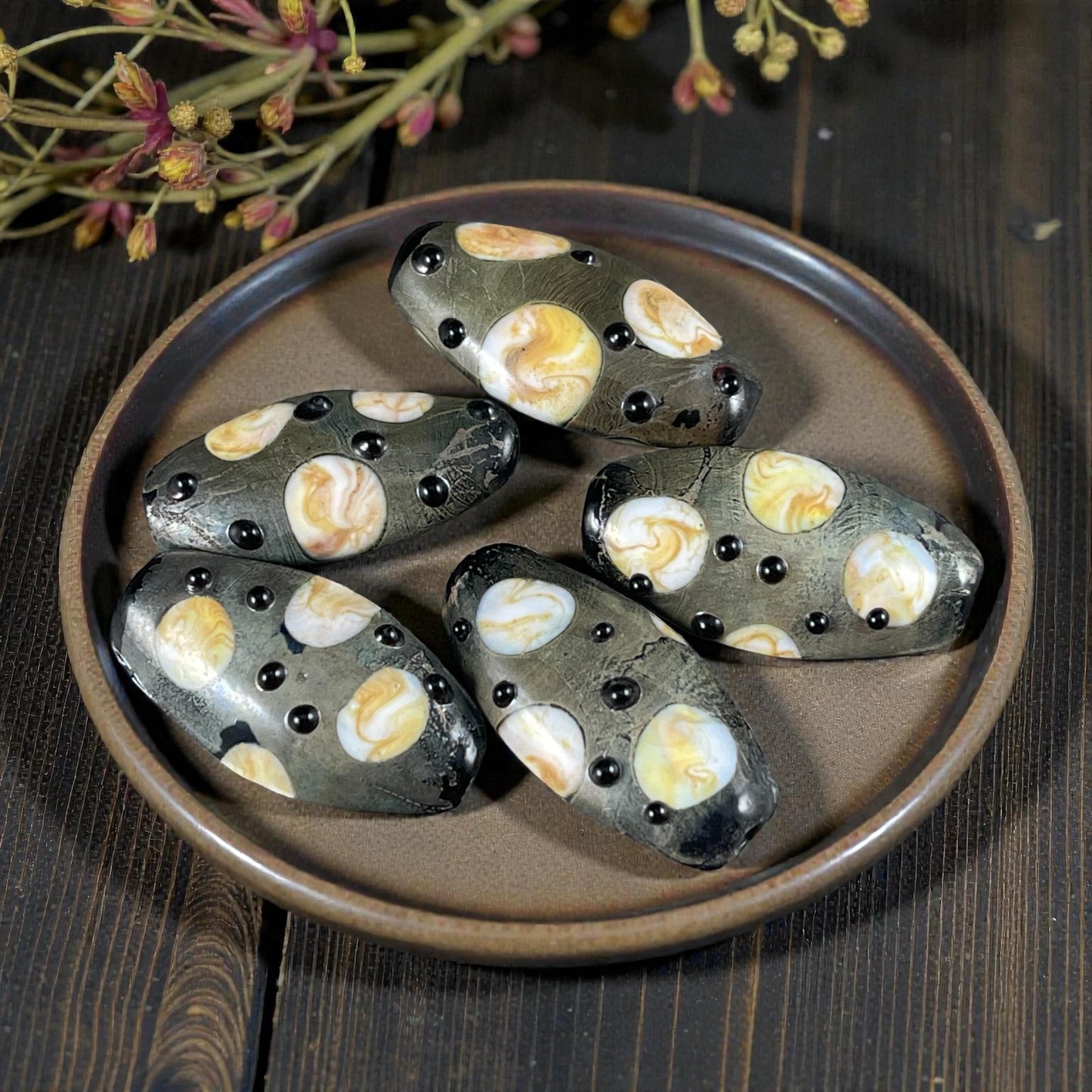 Abstract Oval, Gray-Green, Beige and Black 30mmx17mm Lampwork Beads (LB799) * 3 Beads
