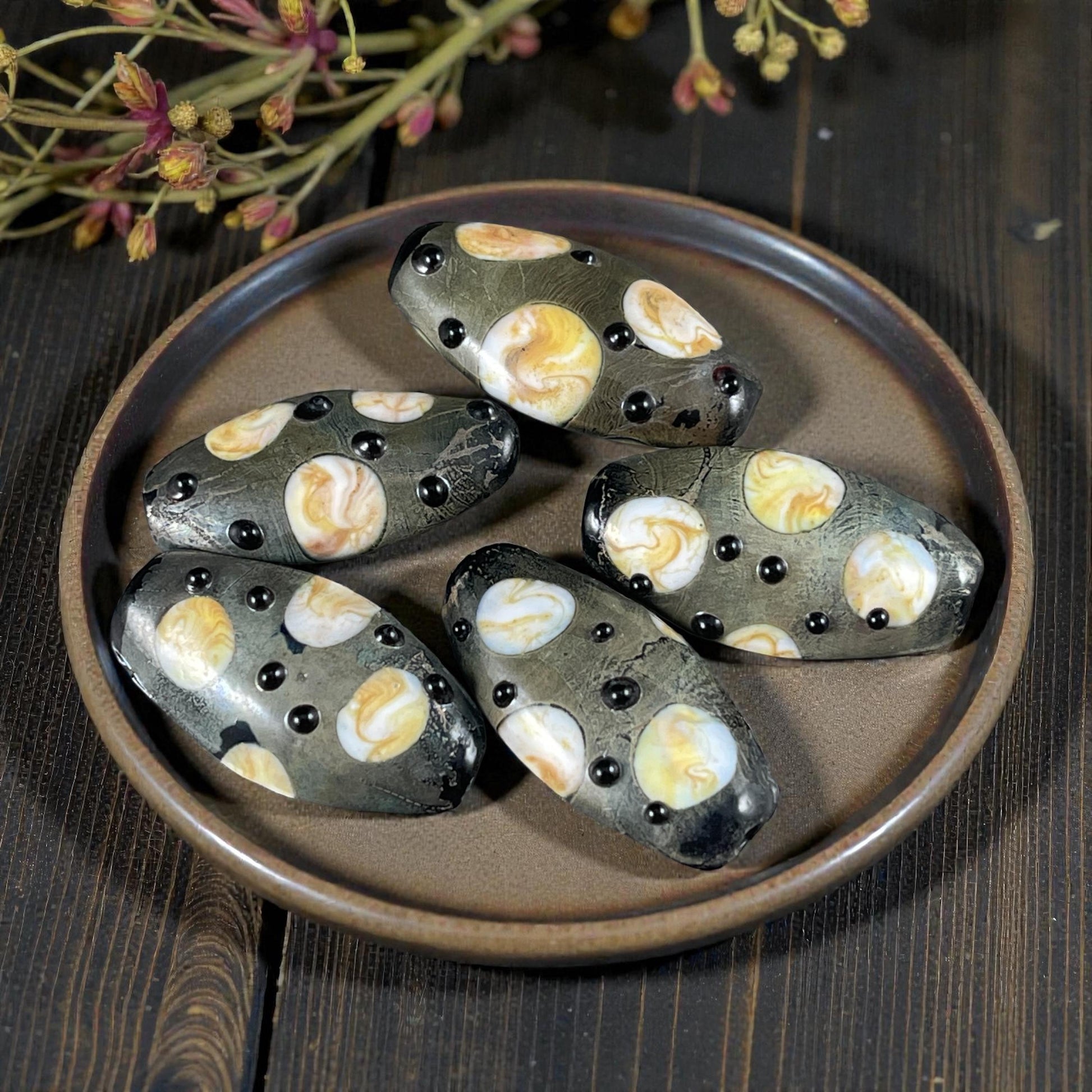 Abstract Oval, Gray-Green, Beige and Black 30mmx17mm Lampwork Beads (LB799) * 3 Beads