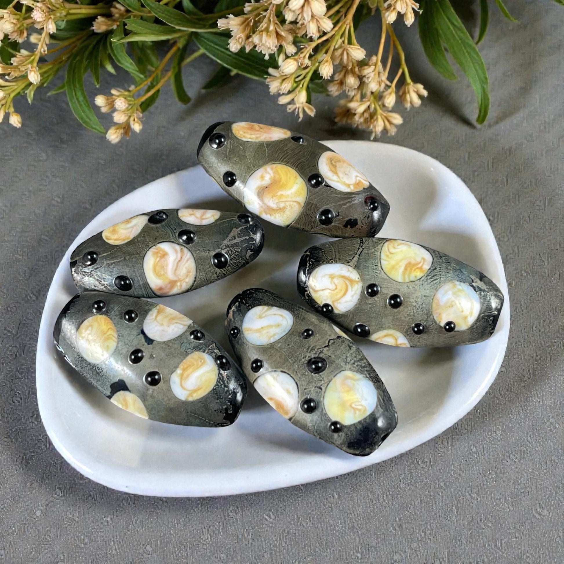 Abstract Oval, Gray-Green, Beige and Black 30mmx17mm Lampwork Beads (LB799) * 3 Beads
