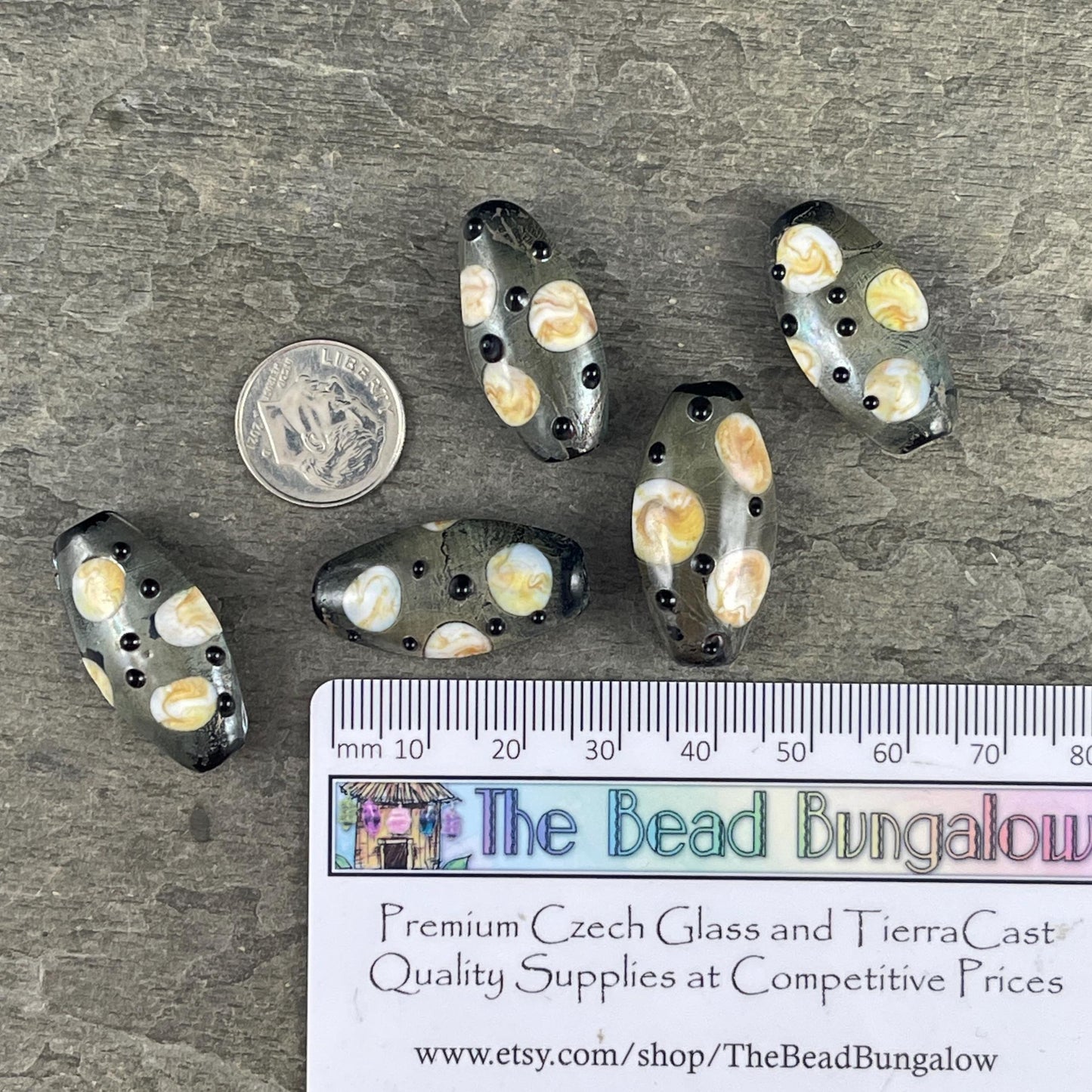 Abstract Oval, Gray-Green, Beige and Black 30mmx17mm Lampwork Beads (LB799) * 3 Beads