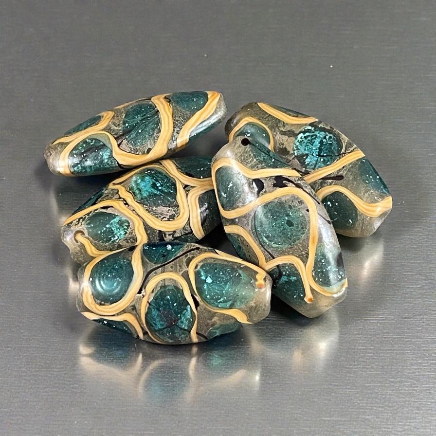 Abstract Oval Lampwork Beads, 30mmx17mm, Aqua, Khaki and Mustard (LB727) * 3 Beads