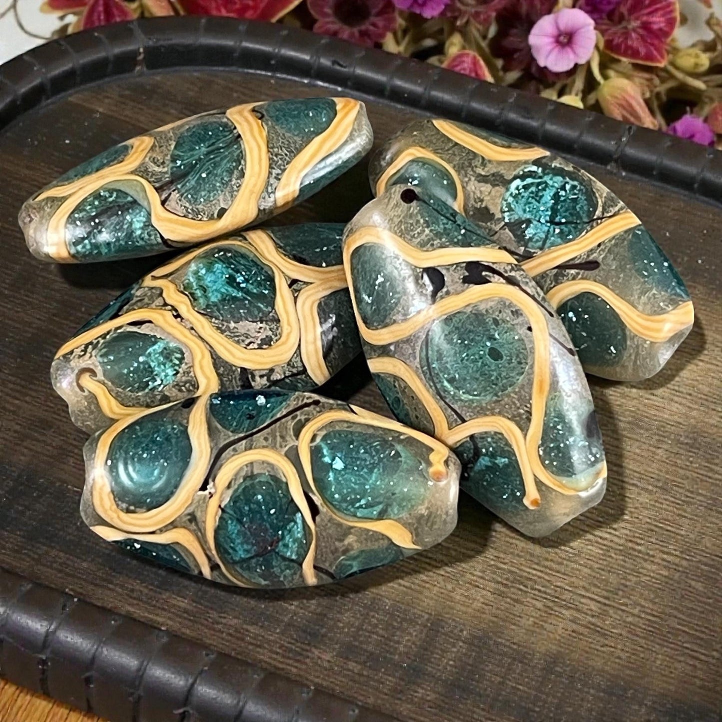 Abstract Oval Lampwork Beads, 30mmx17mm, Aqua, Khaki and Mustard (LB727) * 3 Beads