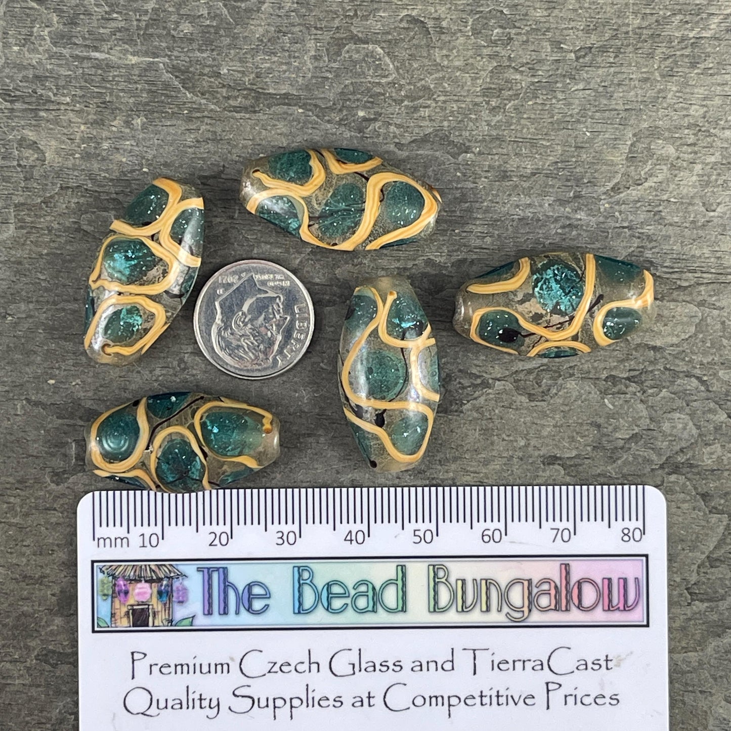 Abstract Oval Lampwork Beads, 30mmx17mm, Aqua, Khaki and Mustard (LB727) * 3 Beads