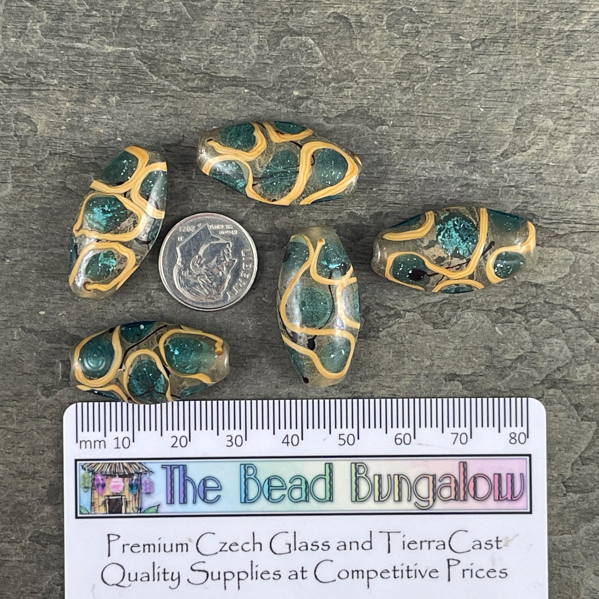 Abstract Oval Lampwork Beads, 30mmx17mm, Aqua, Khaki and Mustard (LB727) * 3 Beads