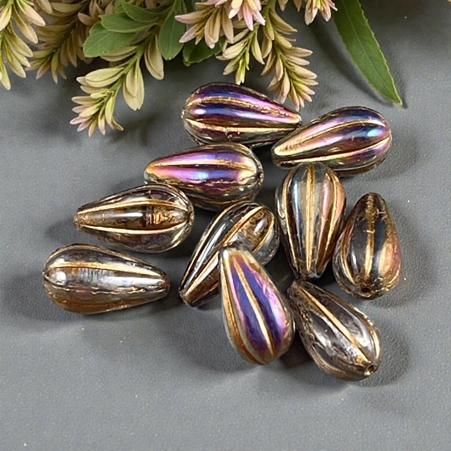 Czech Beads ~ 13x8mm Teardrop, Smoky Topaz with Iridescent Luster (DROP/RJ-5360) * 10 Beads