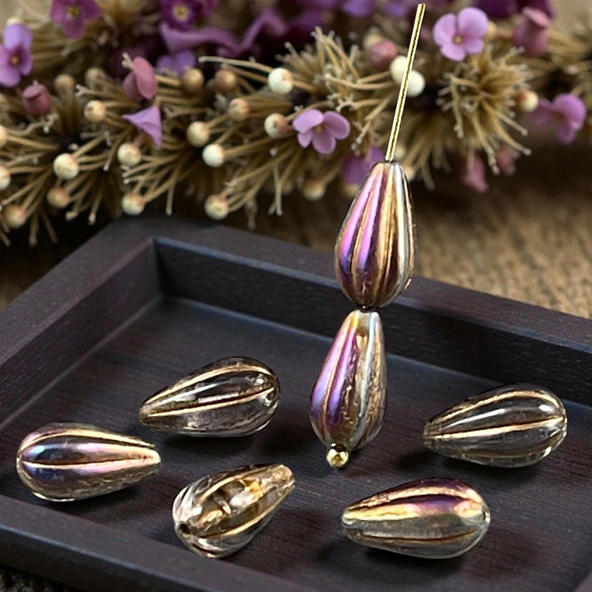 Czech Beads ~ 13x8mm Teardrop, Smoky Topaz with Iridescent Luster (DROP/RJ-5360) * 10 Beads