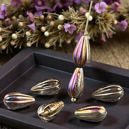 Czech Beads ~ 13x8mm Teardrop, Smoky Topaz with Iridescent Luster (DROP/RJ-5360) * 10 Beads