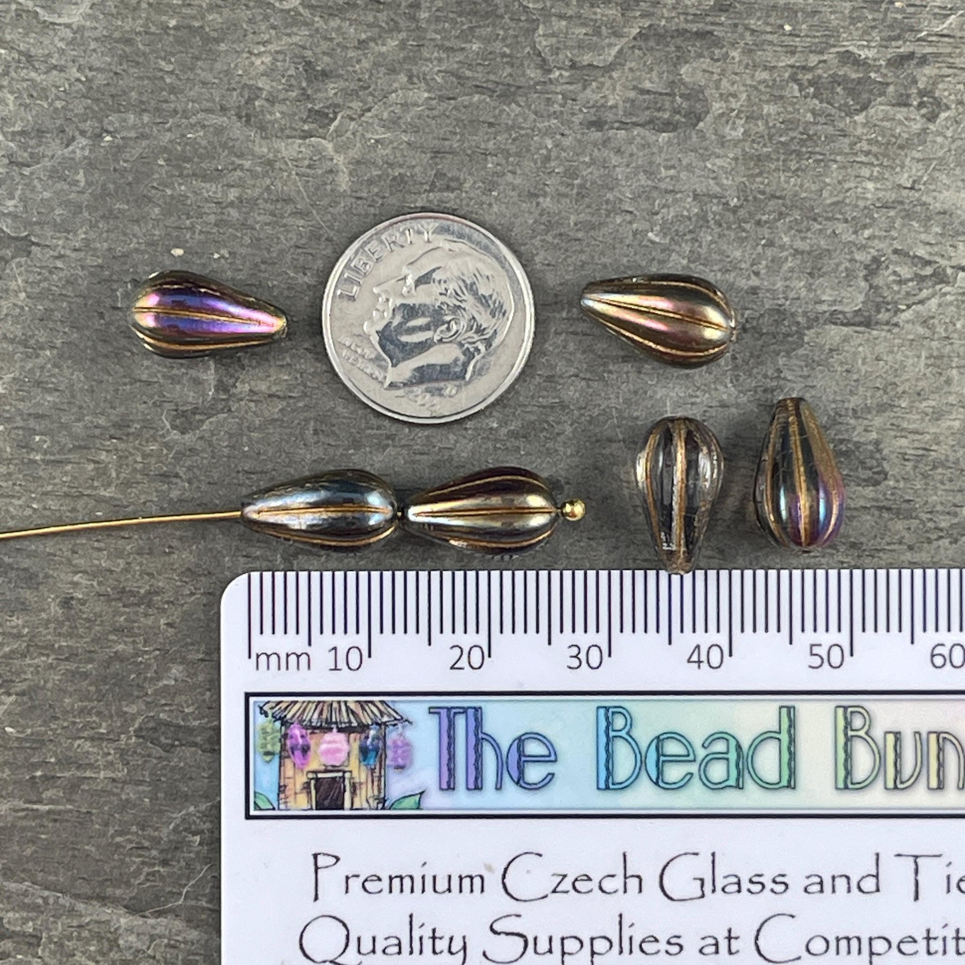 Czech Beads ~ 13x8mm Teardrop, Smoky Topaz with Iridescent Luster (DROP/RJ-5360) * 10 Beads