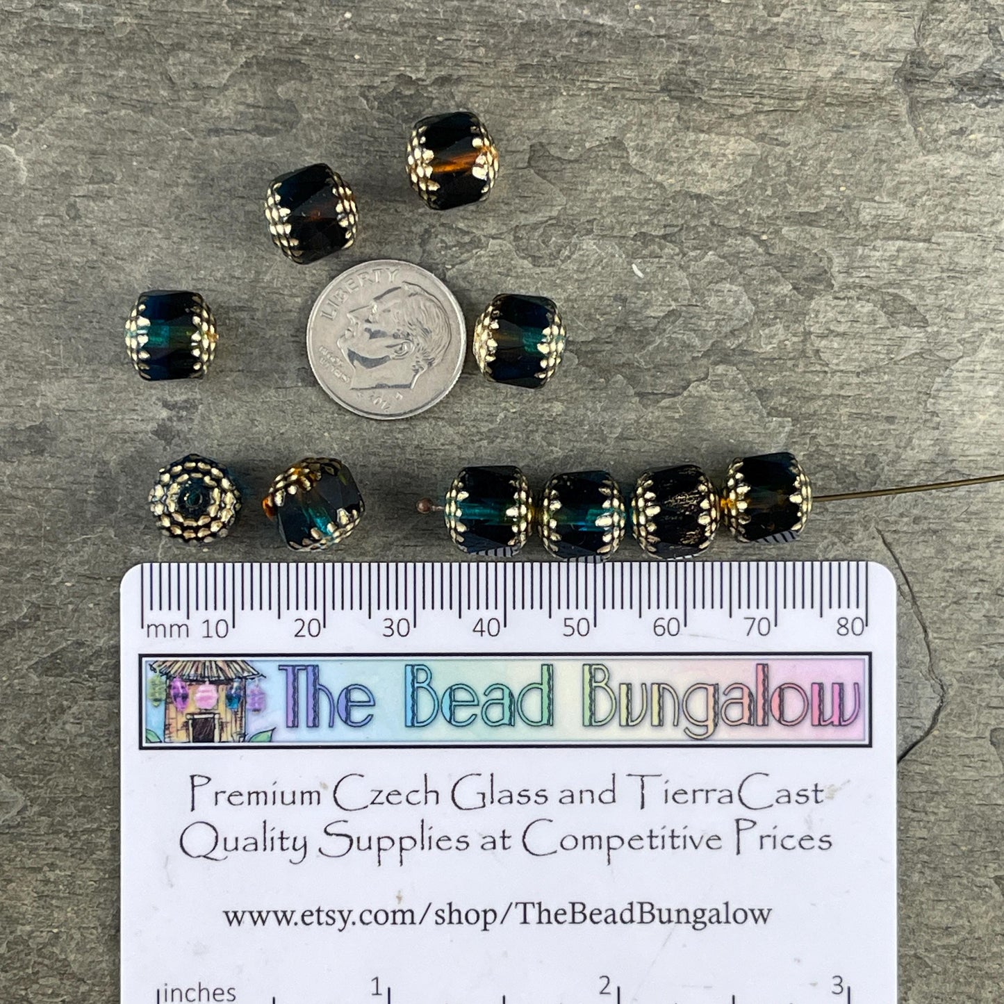 Czech Beads - 10mm Cathedral Faceted Glass, Pacific Blue, Topaz and Green with Gold Wash (CT10/N-043) * Qty. 12