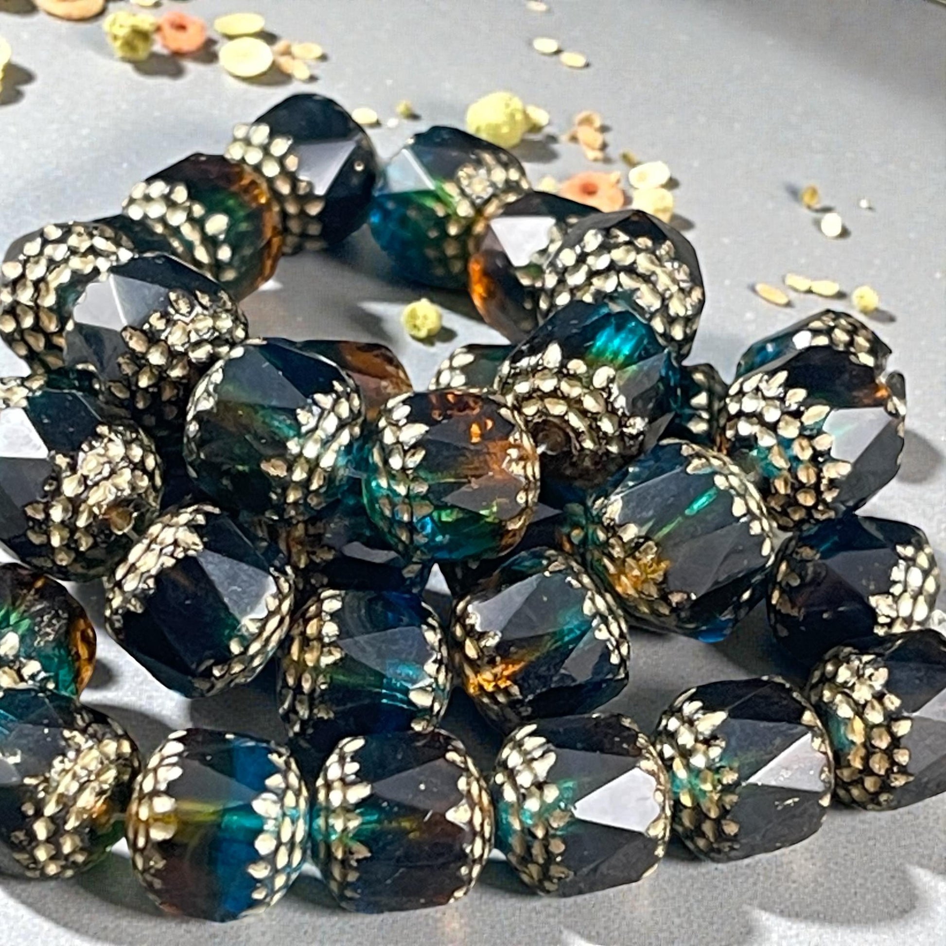 Czech Beads - 10mm Cathedral Faceted Glass, Pacific Blue, Topaz and Green with Gold Wash (CT10/N-043) * Qty. 12