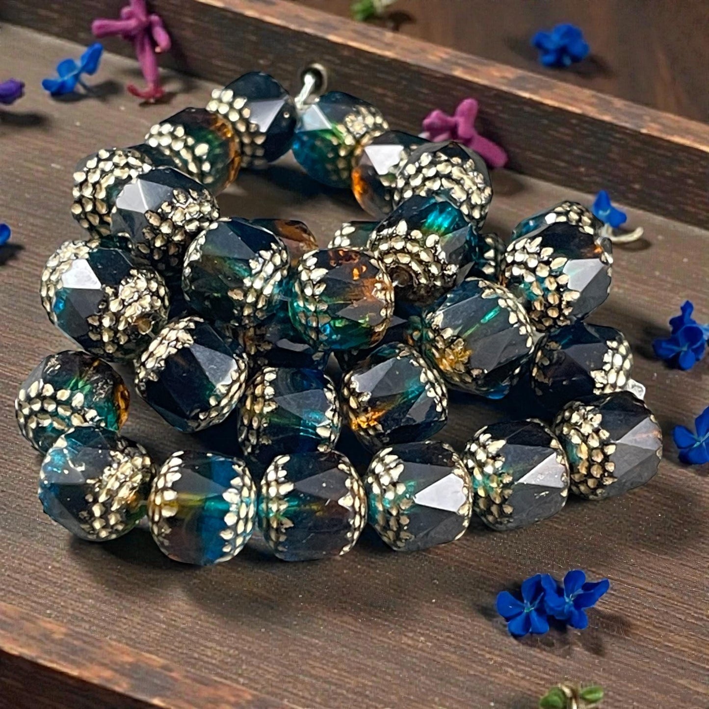 Czech Beads - 10mm Cathedral Faceted Glass, Pacific Blue, Topaz and Green with Gold Wash (CT10/N-043) * Qty. 12