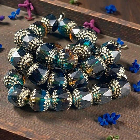Czech Beads - 10mm Cathedral Faceted Glass, Pacific Blue, Topaz and Green with Gold Wash (CT10/N-043) * Qty. 12