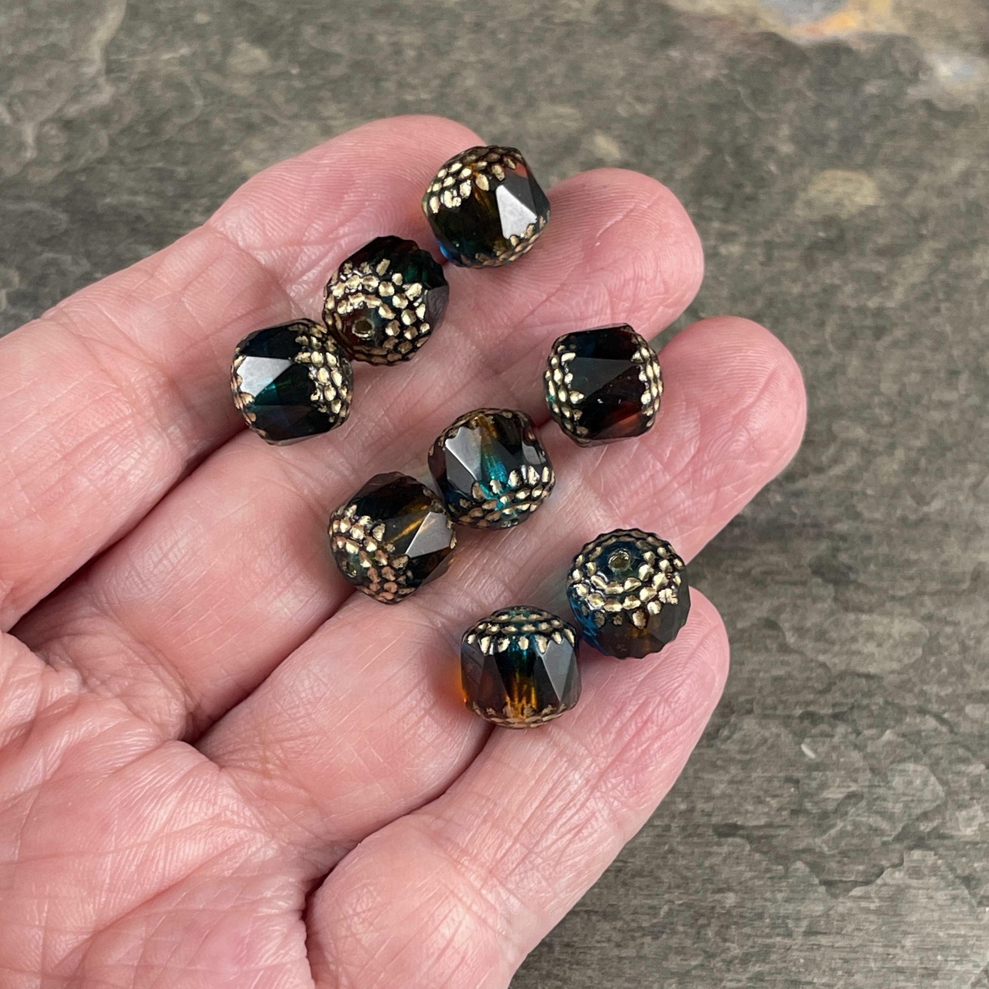 Czech Beads - 10mm Cathedral Faceted Glass, Pacific Blue, Topaz and Green with Gold Wash (CT10/N-043) * Qty. 12