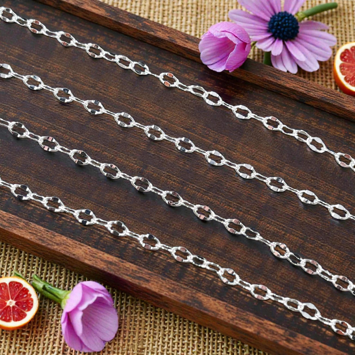 Chain by the Foot - 4mm x 2.5mm Diamond Cut Cable Chain - Silver Plated Brass (CH-1010S) * 18" Length