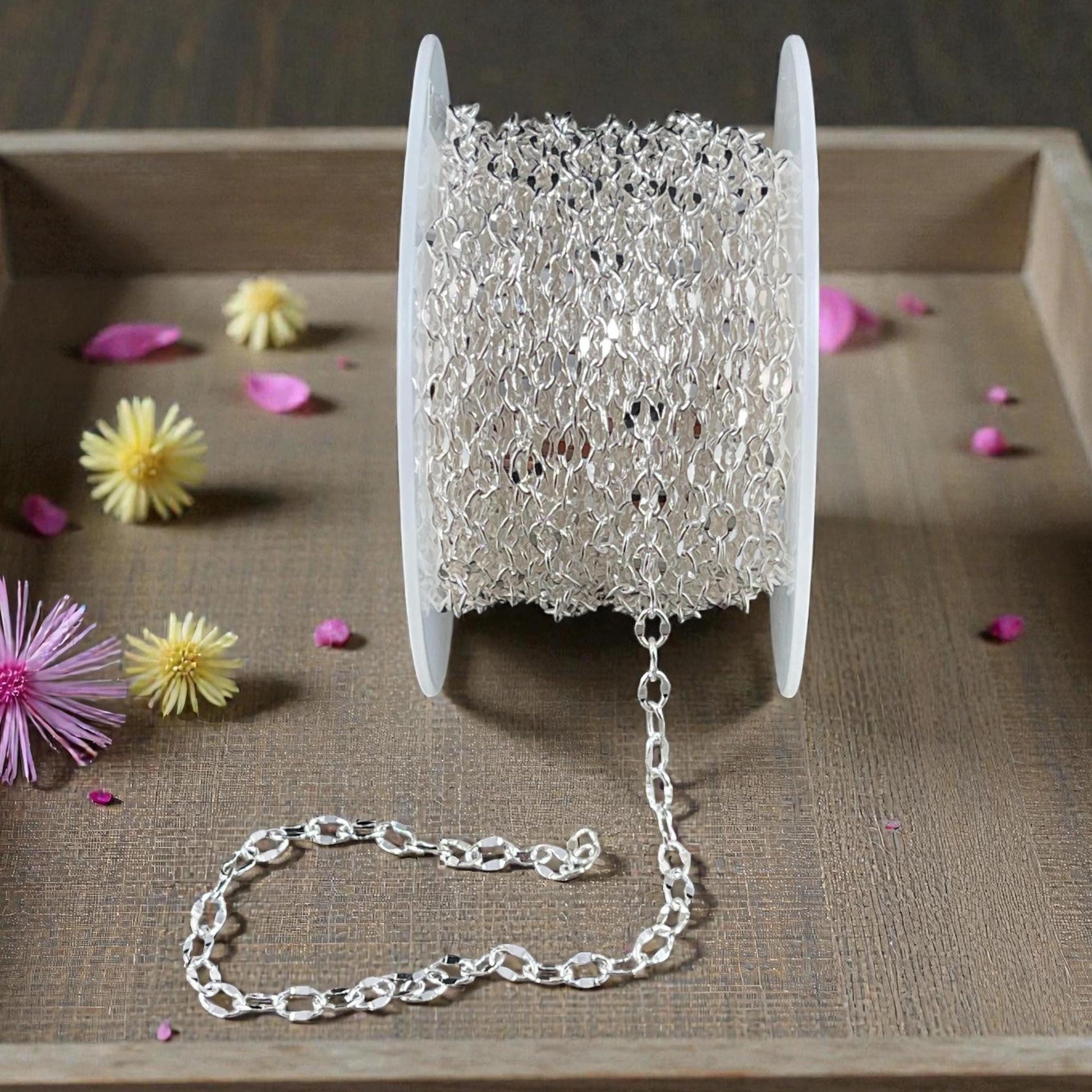 Chain by the Foot - 4mm x 2.5mm Diamond Cut Cable Chain - Silver Plated Brass (CH-1010S) * 18" Length
