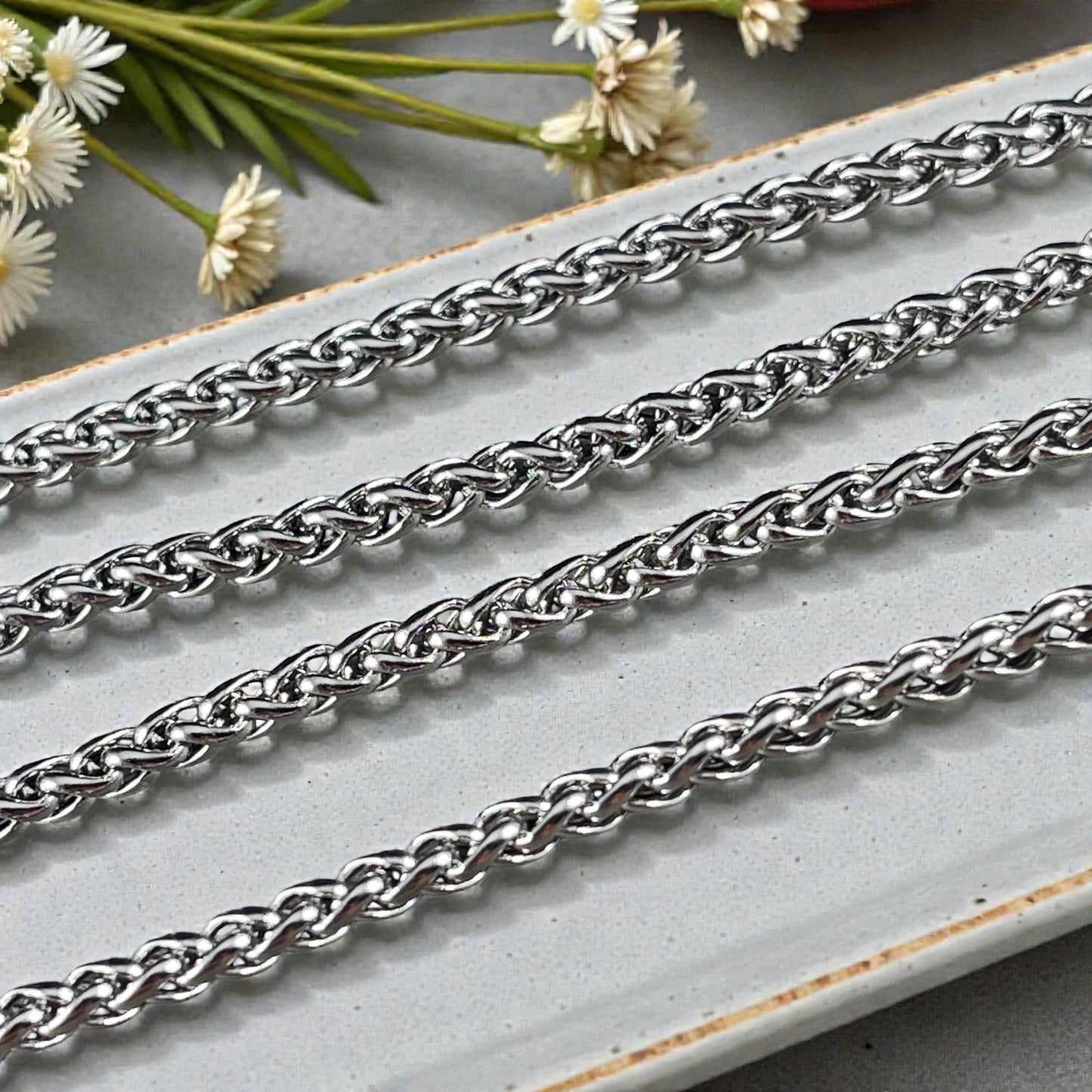 Chain by the Foot - 3mm Spiga Wheat Chain - Stainless Steel, Platinum Color (SS02S) * 1 Yard/36" length